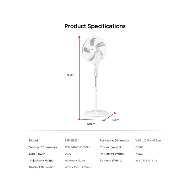 Europace ESF3182D 18-Inch Digital Stand Fan with Remote Control - Quiet Cooling for Home, Office & Bedroom Use