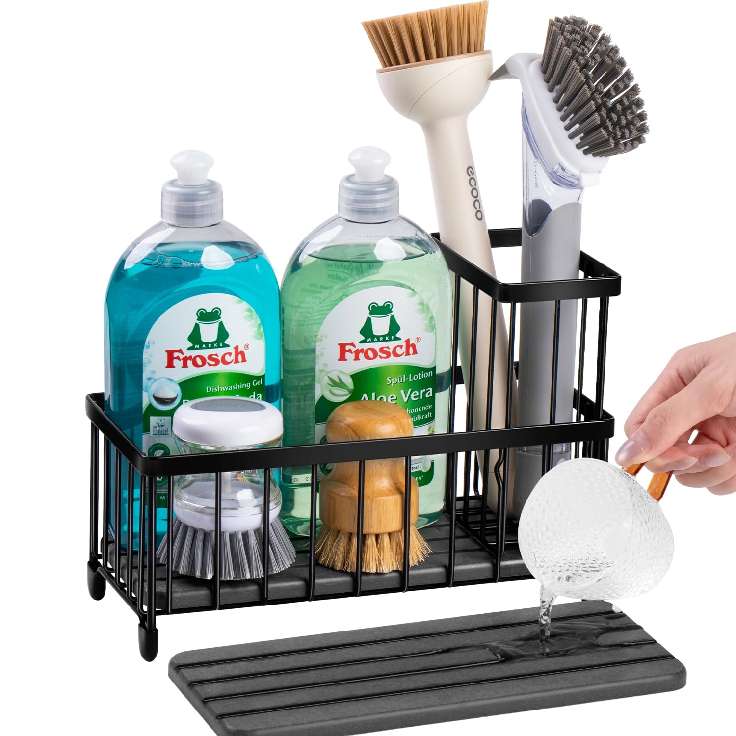 Wetheny Sponge Holder for Kitchen Sink - Sink Caddy with High Brush Holder & Quick-Dry Diatomaceous Earth Base - Countertop Soap Dispenser & Kitchen Organizer - Perfect for Dishwashing, Cleaning & Kitchen Storage Organization