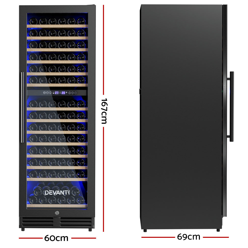 Devanti Dual Zone Wine Cooler Refrigerator - 154 Bottle Capacity for Red & White Wine Storage | Perfect for Home Bars, Restaurants, and Wine Cellars