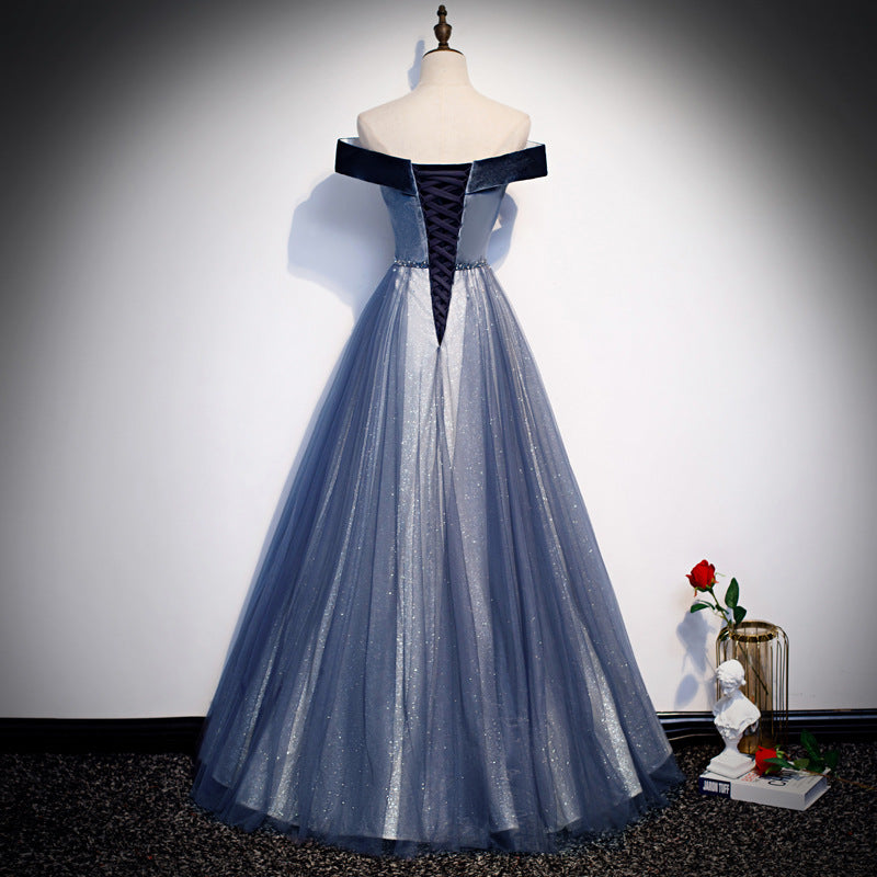 Elegant Off Shoulder Velvet Tulle Prom Dress with Beaded Details - Long Evening Gown for Homecoming, Ball & Formal Events - Size 155