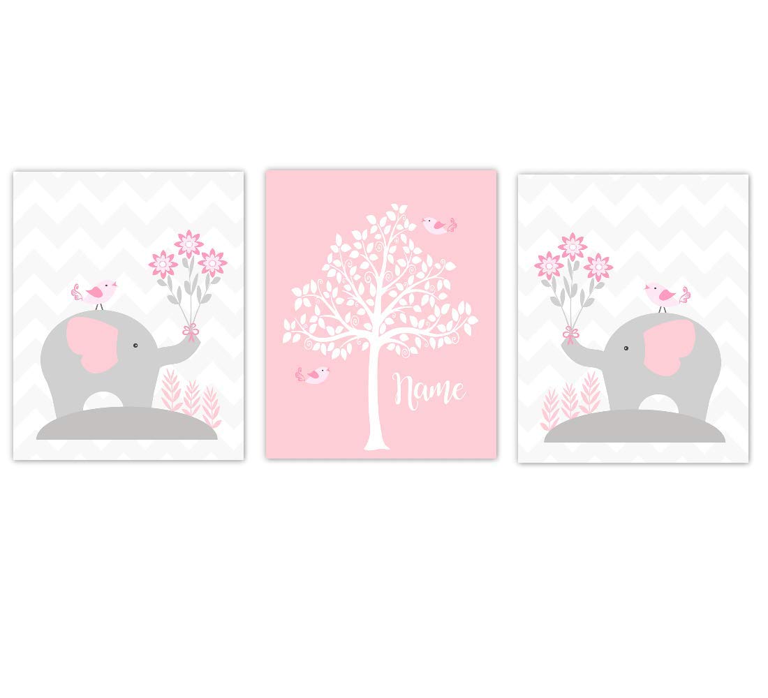 Personalized Baby Girl Nursery Wall Art - Pink Gray Elephants Name Decor for Nursery Room