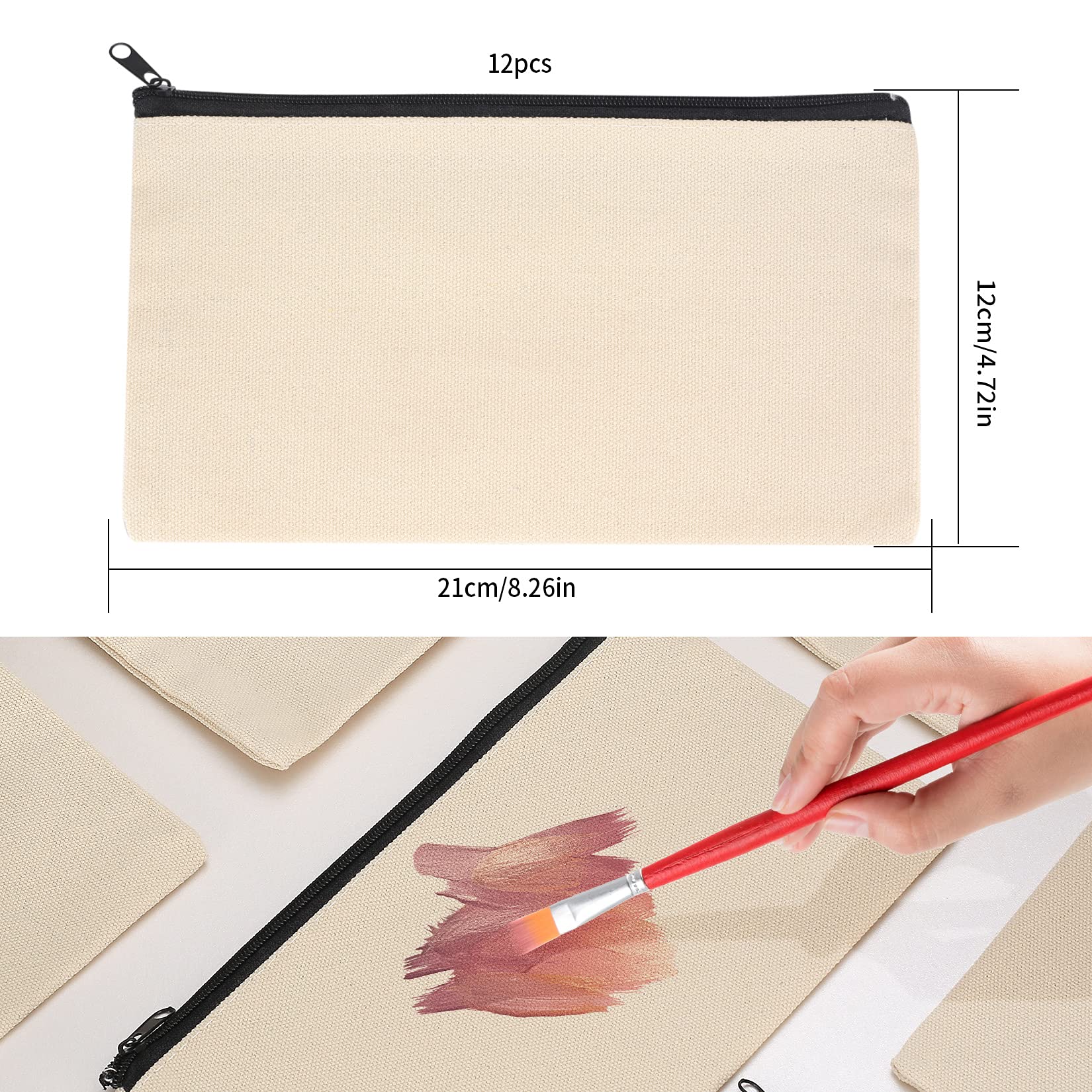 12 Pack Blank Canvas Makeup Bags with Zipper - DIY Cosmetic Pouch for Travel, School, Craft & Toiletry Storage - Reusable Pencil Case & Organizer for Women & Teens
