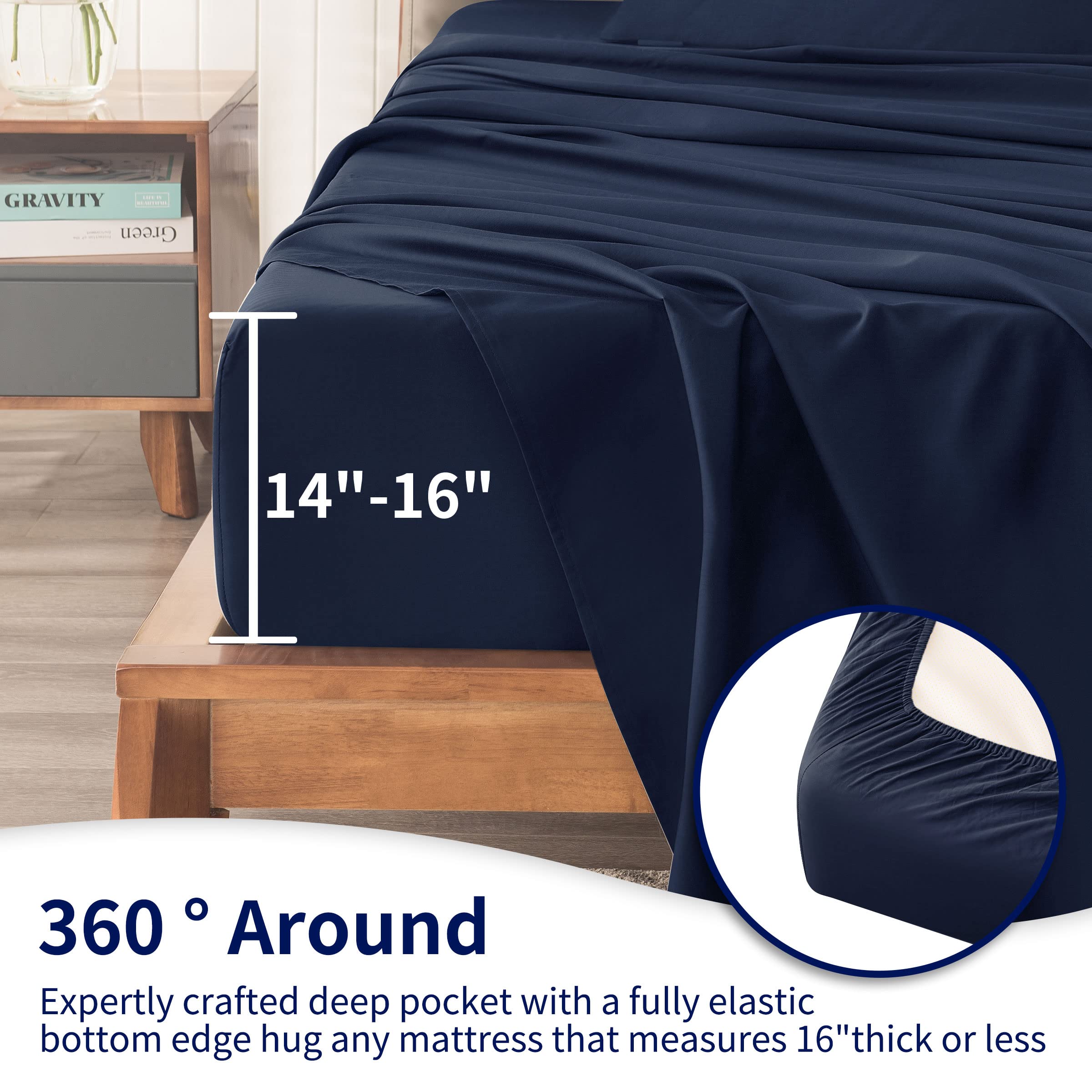 SUBRTEX 3-Piece Full Size Bed Sheet Set - 100% Cotton Tencel Blend Soft Breathable Bedding with Deep Pockets (Includes Fitted Sheet, Flat Sheet & Pillowcases) - Navy Blue Fade Resistant Machine Washable Sheets for Comfortable Sleep & Guest Bedrooms