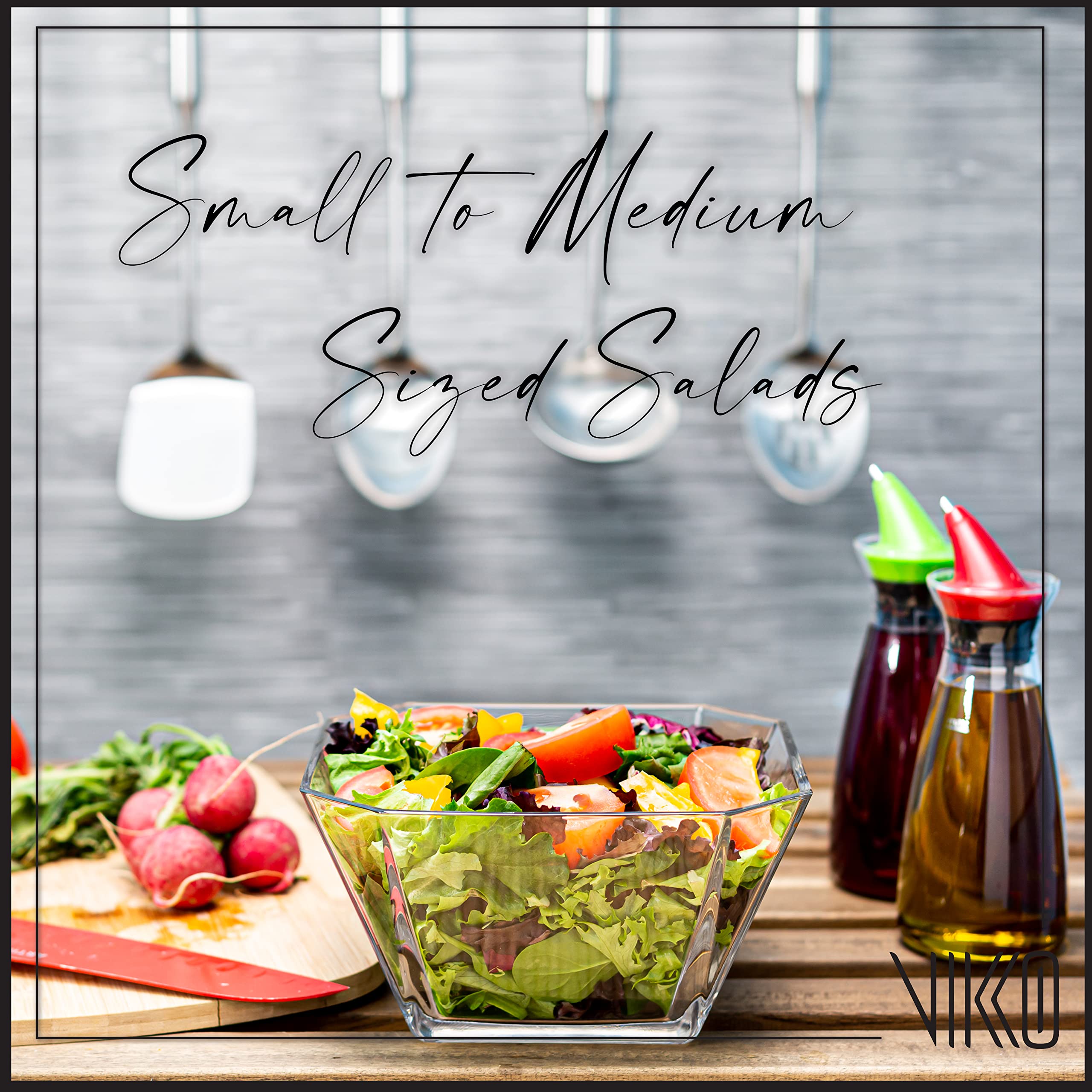 Vikko Glass Salad Bowls - 64oz Thick Square Clear Glass Serving Bowls for Snacks, Fruits, Salads & Entertaining - 2 Quart Decorative Bowl for Kitchen, Dining Table & Party Serving (Set of 2)