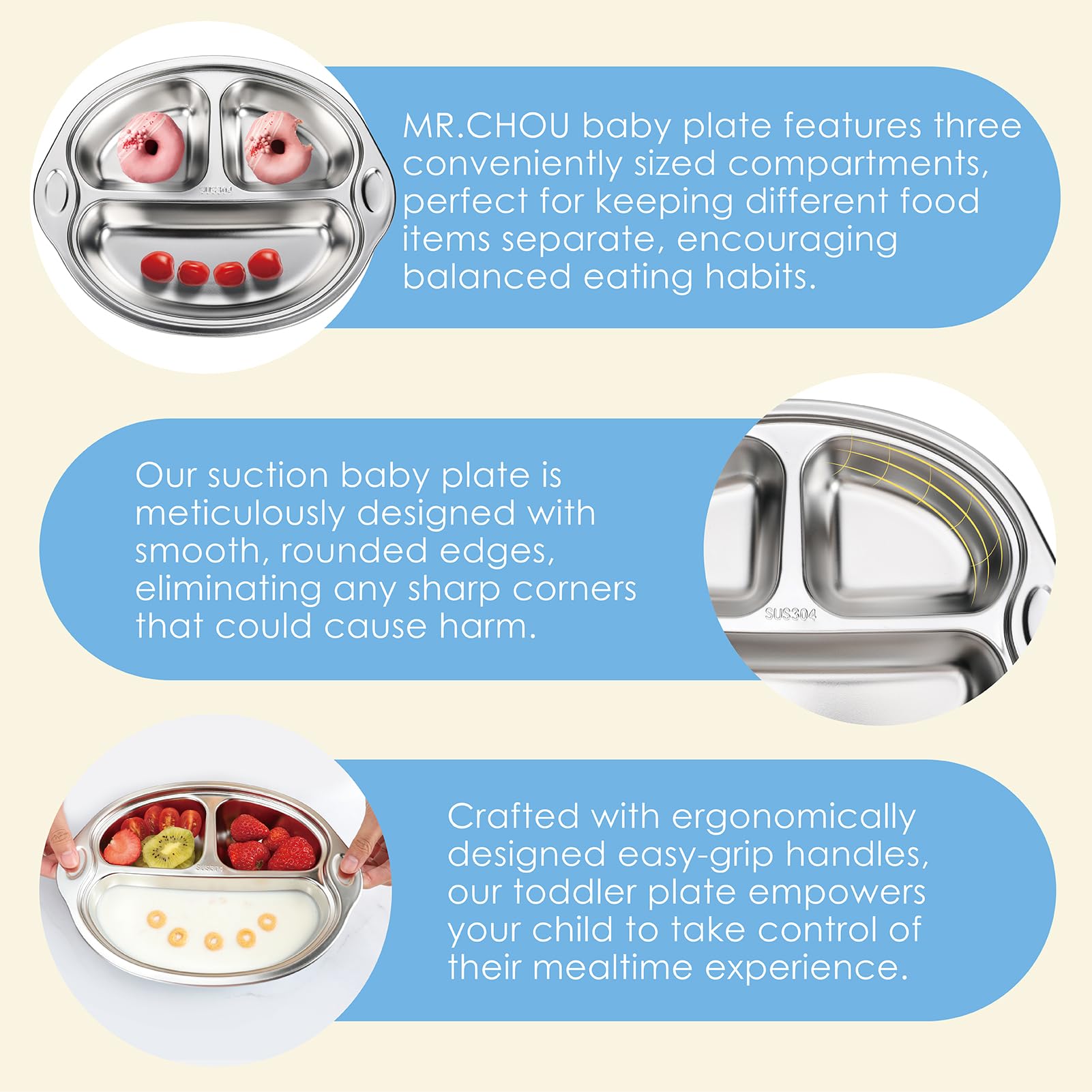 MR. CHOU Stainless Steel Baby Suction Plates - 3 Divided Toddler Plates for Baby Led Weaning | 100% Food Grade, BPA Free, Dishwasher Safe | Non-Slip Suction Base for High Chair & Travel | Perfect for Home, Daycare & On-the-Go Feeding (Blue)