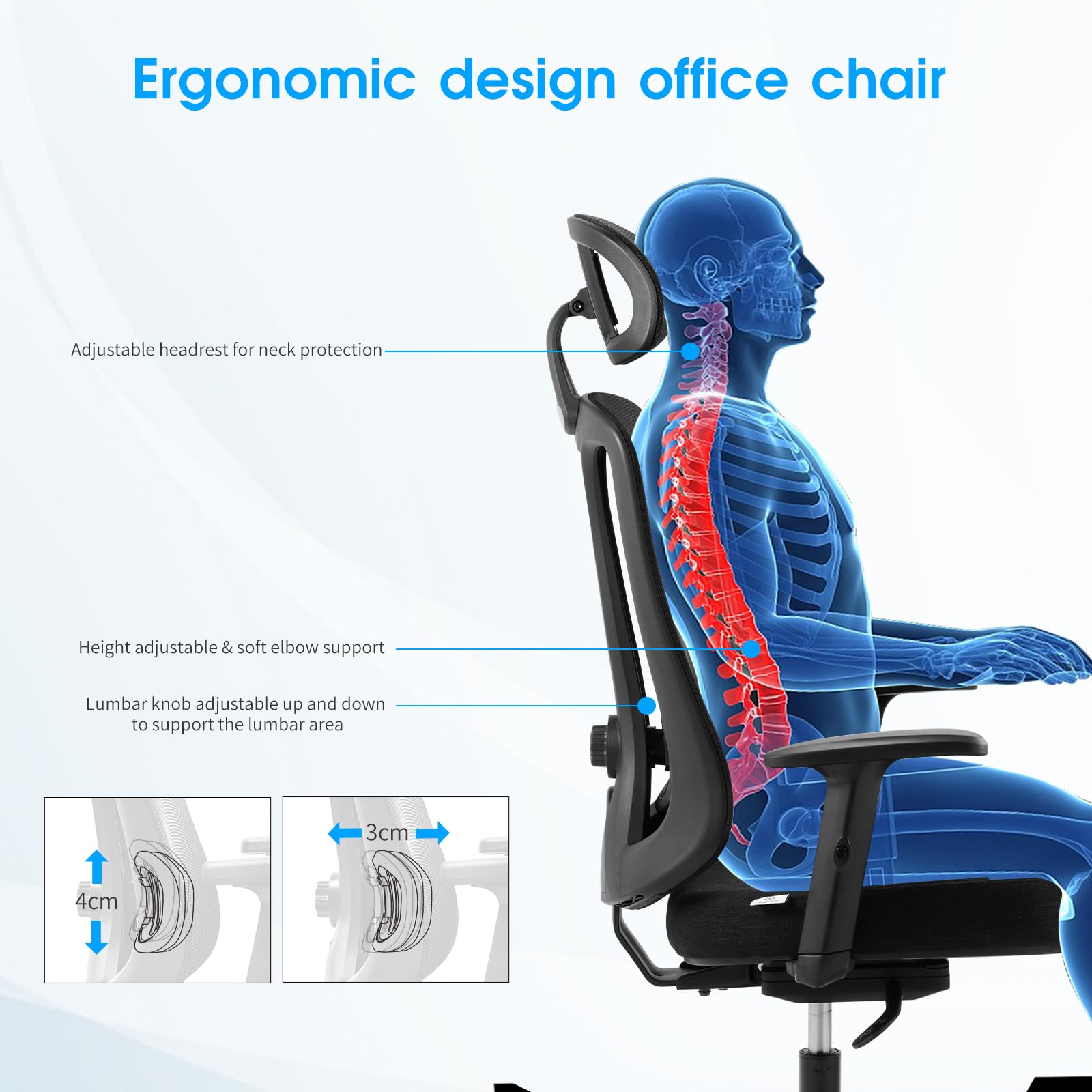 Magic Life Ergonomic Office Chair with 90° Flip-Up Arms, Adjustable Lumbar Support & 360° Swivel - Height Adjustable Computer Desk Chair for Home & Office (130 x 50 cm) - Perfect for Long Work Hours, Gaming & Remote Work