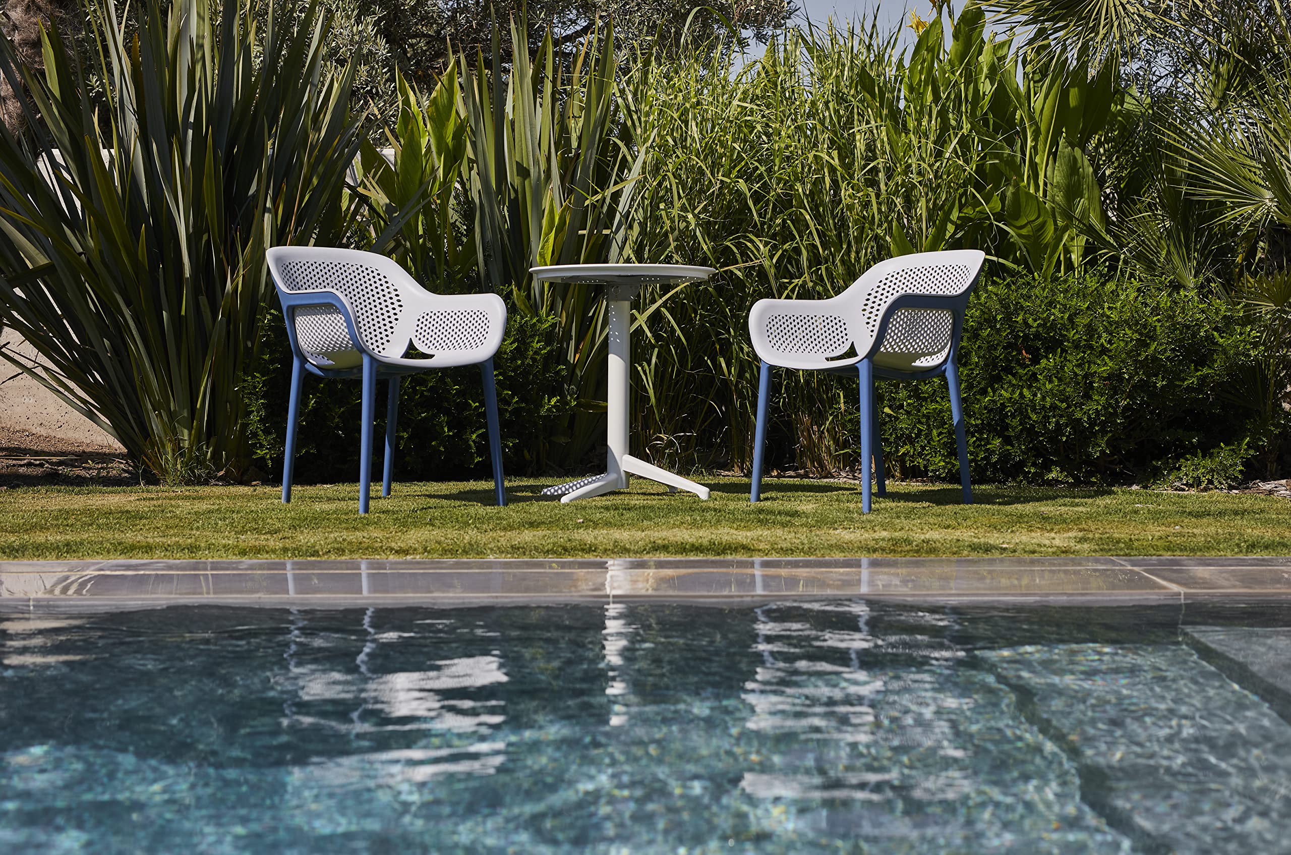 Modern Stackable Patio Dining Chairs (Set of 2) - Indoor/Outdoor Waterproof Side Arm Chairs in Blue & Cool Gray - Perfect for Backyard, Garden, Poolside & Small Space Dining