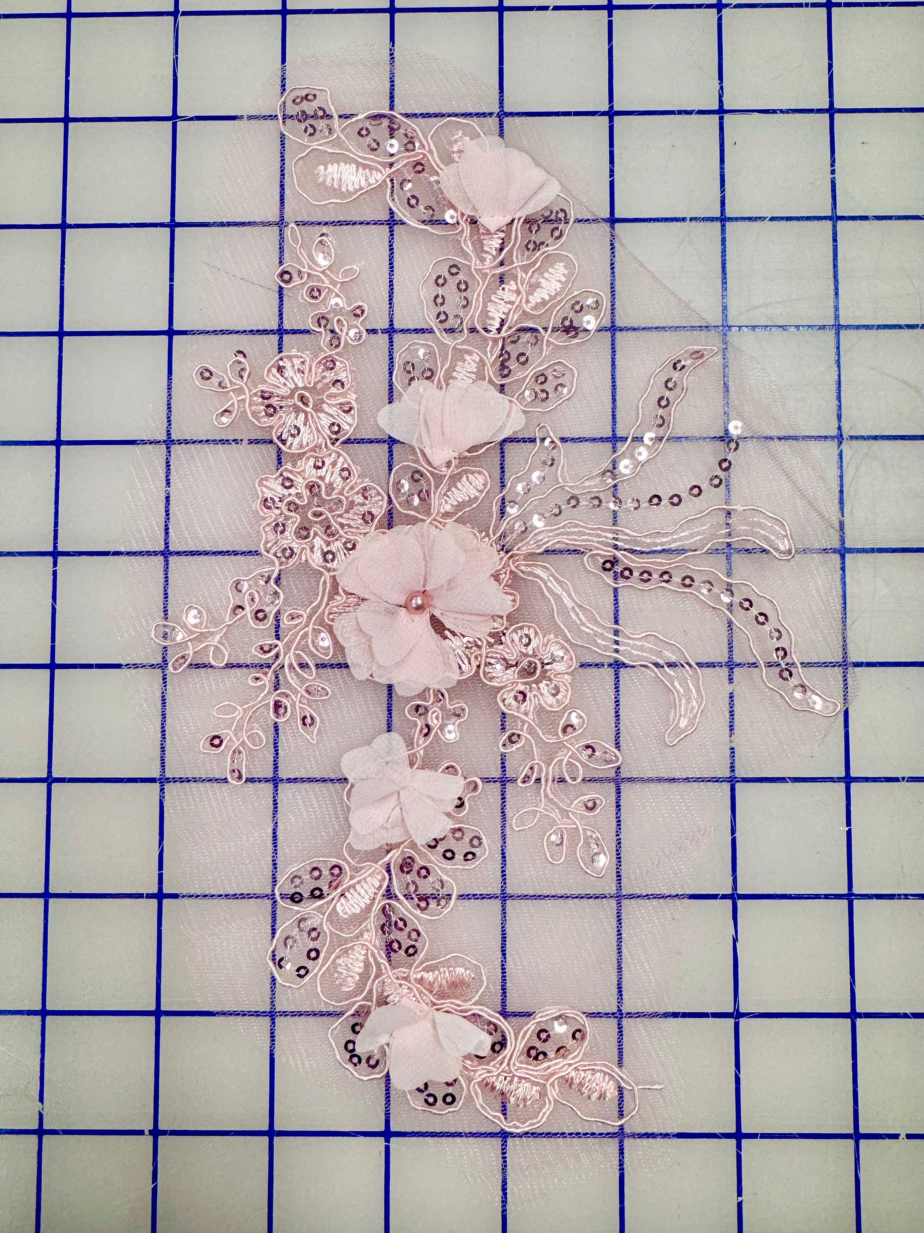 3D Rose Pink Sequined Embroidered Appliques - Elegant Corded Motif Pairs for DIY Wedding Dresses, Home Decor, and Craft Projects
