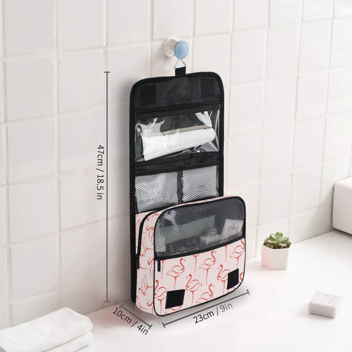 MOYYO Travel Hanging Toiletry Bag - Pink Flamingo Cosmetic Makeup Organizer | Waterproof Shower Bag for Women & Girls | Perfect for Vacation, Gym, Camping & Business Trips
