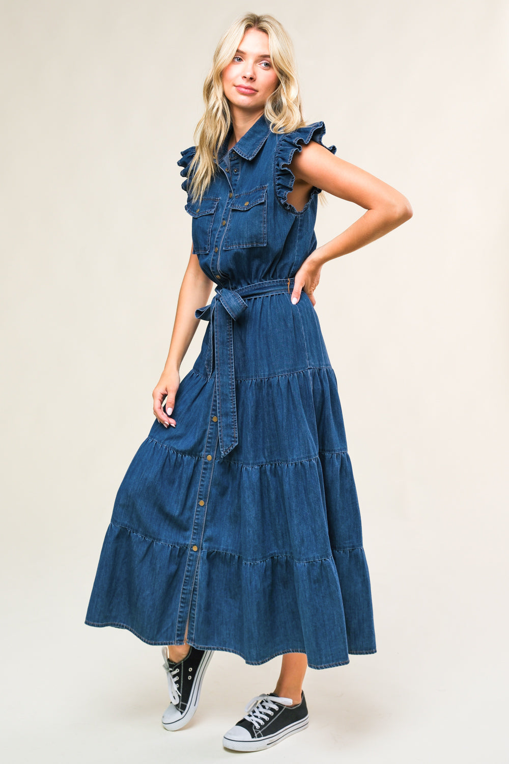 Stylish Woven Denim Midi Dress for Women - Trendy Casual & Summer Outfit - Perfect for Brunch, Beach, and Date Nights