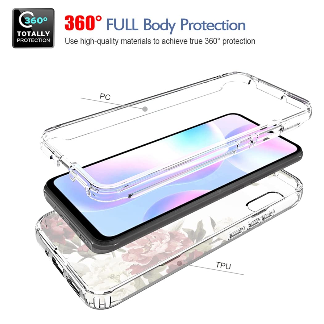 Premium Clear Floral Phone Case for Xiaomi Redmi 9A M2006C3LG/Redmi 9i M2006C3LII - Shockproof Protective Cover with Tempered Glass Screen Protector - Cute Flower Design for Women & Girls - Perfect for Daily Use, Travel & Gift Giving