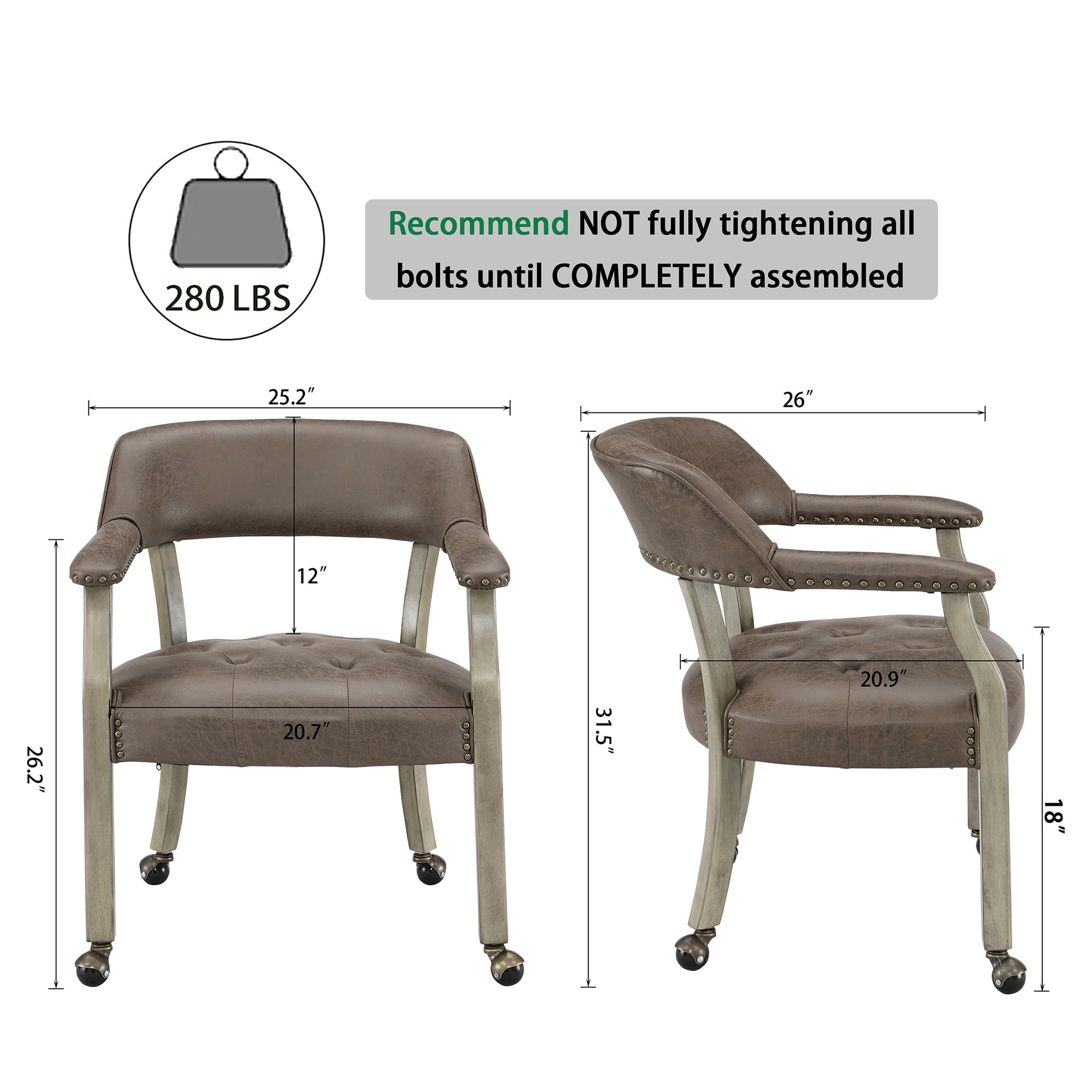 LEEMTORIG Large Rolling Dining Chairs with Casters - Solid Wood Office Chairs with Arms, 26