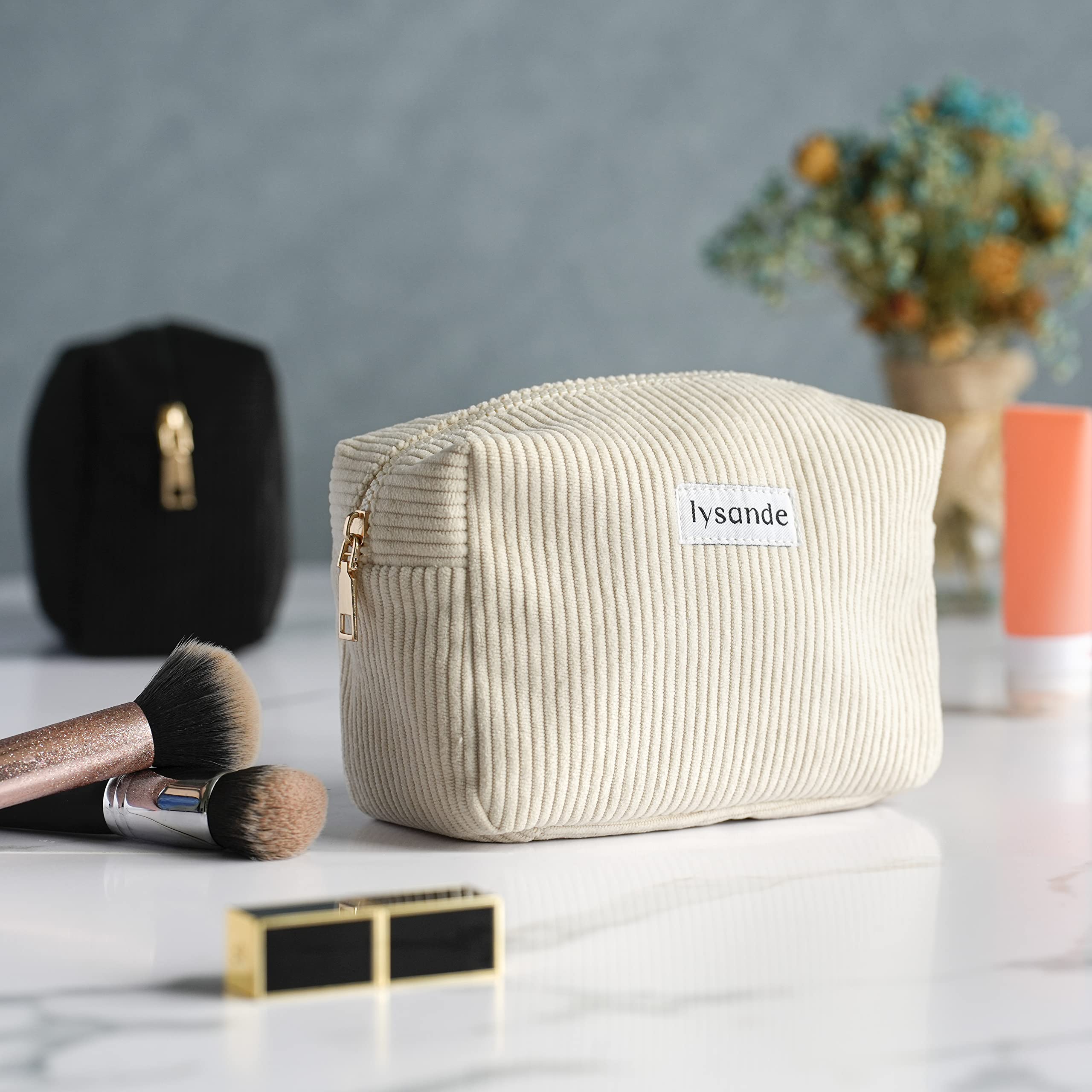 LYSANDE Corduroy Makeup Bag for Women - Small Travel Cosmetic Pouch & Purse Organizer - Multi-Use Pencil Case & Makeup Case (Cream) | Perfect for Travel, Daily Use & Gift Giving