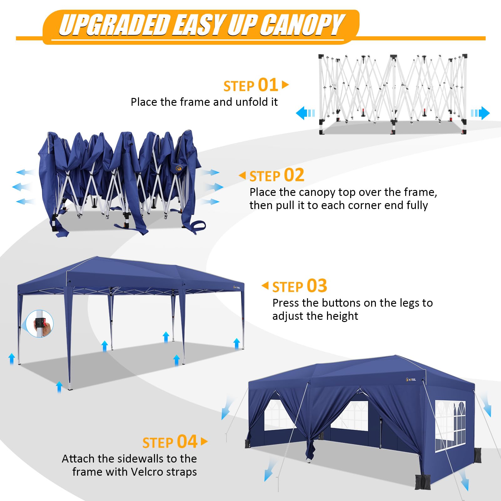 HOTEEL 10x20 Pop Up Canopy Tent with Sidewalls - Waterproof Instant Shelter for Outdoor Events, Easy One-Push Setup with Reinforced Poles & Sandbags - Perfect for Backyard Parties, Camping, Farmers Markets, Festivals (Navy Blue)
