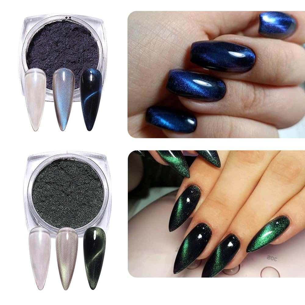 6 Colors Magnetic Cat Eye Chrome Powder for Nails - Silver Blue Red Pearlescent Metallic Galaxy Glitter with Magnets & Sticks - Professional Nail Art Pigment for Salon & DIY Manicures - Perfect for Parties, Weddings & Special Occasions