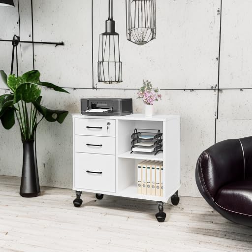 3 Drawer Mobile File Cabinet with Wheels - Rolling Lateral Printer Stand with Open Shelf - White Office Storage Organizer for Home & Workspace - Perfect for Documents, Supplies & Printer Organization
