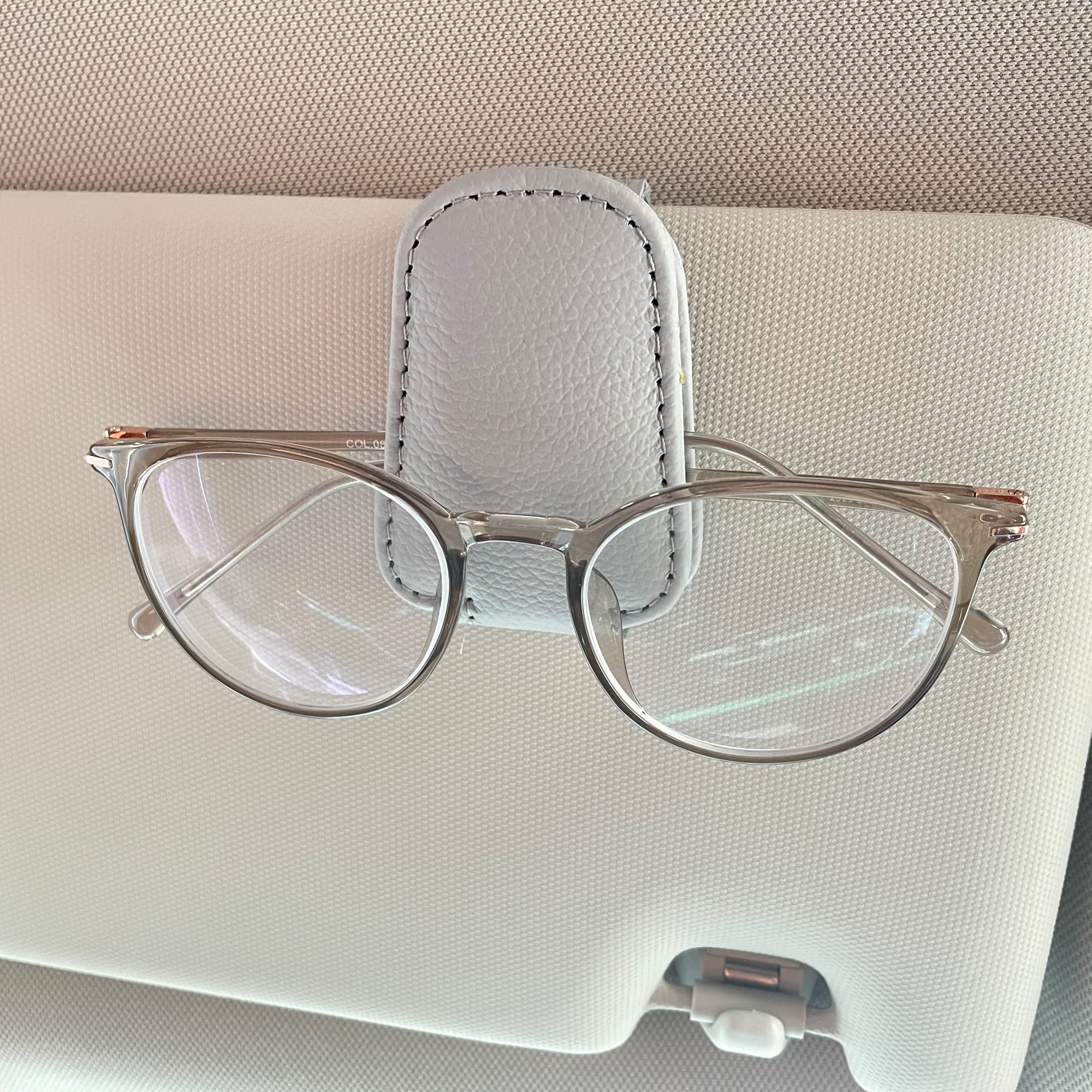 Magnetic Leather Sunglasses Holder for Car Visor - KIWEN Eyeglass Clip with Ticket & Card Holder - Car Accessories Organizer (Grey) - Perfect for Driving, Road Trips & Daily Commute