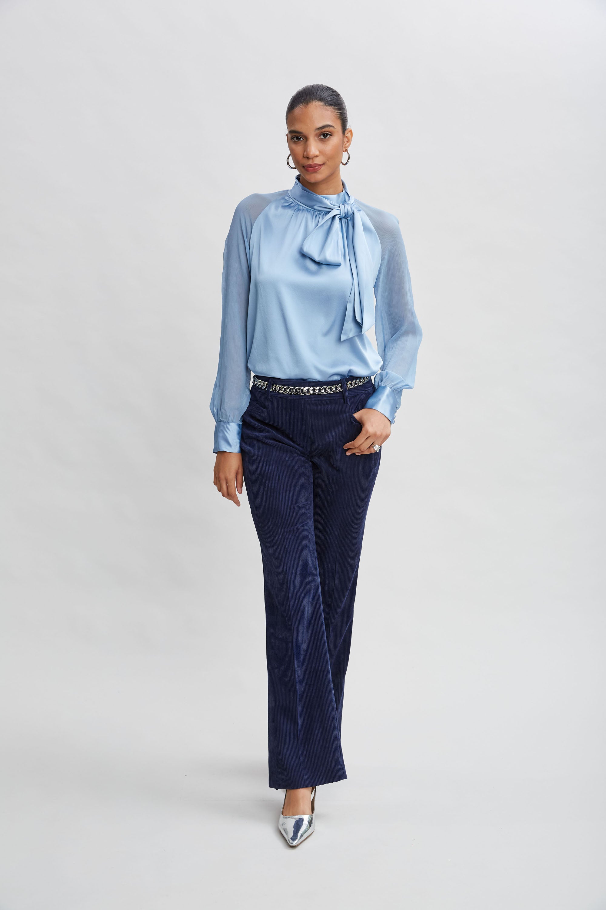 Elegant Chiffon Sleeve Silk Satin Tie Front Blouse for Women | Formal Office Wear & Evening Party Outfits