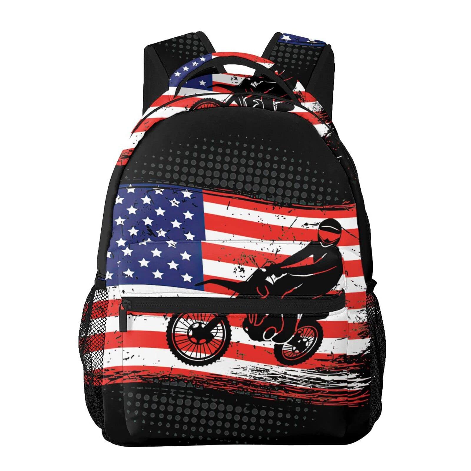 Motocross Dirt Bike Backpack with USA Flag Design - Lightweight School Bag for Kids, Travel, Camping & Outdoor Activities | Durable Backpack for School, Sports & Adventure