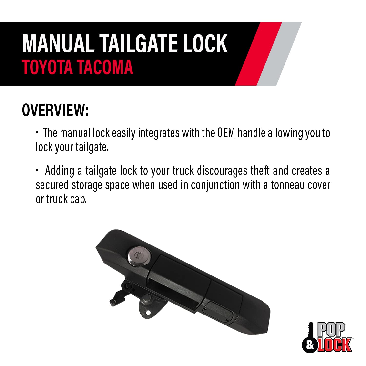 Pop & Lock PL5400 Black Manual Tailgate Lock with Bolt Codeable Technology for Toyota Tacoma - Secure Your Truck Bed for Camping, Work & Outdoor Adventures