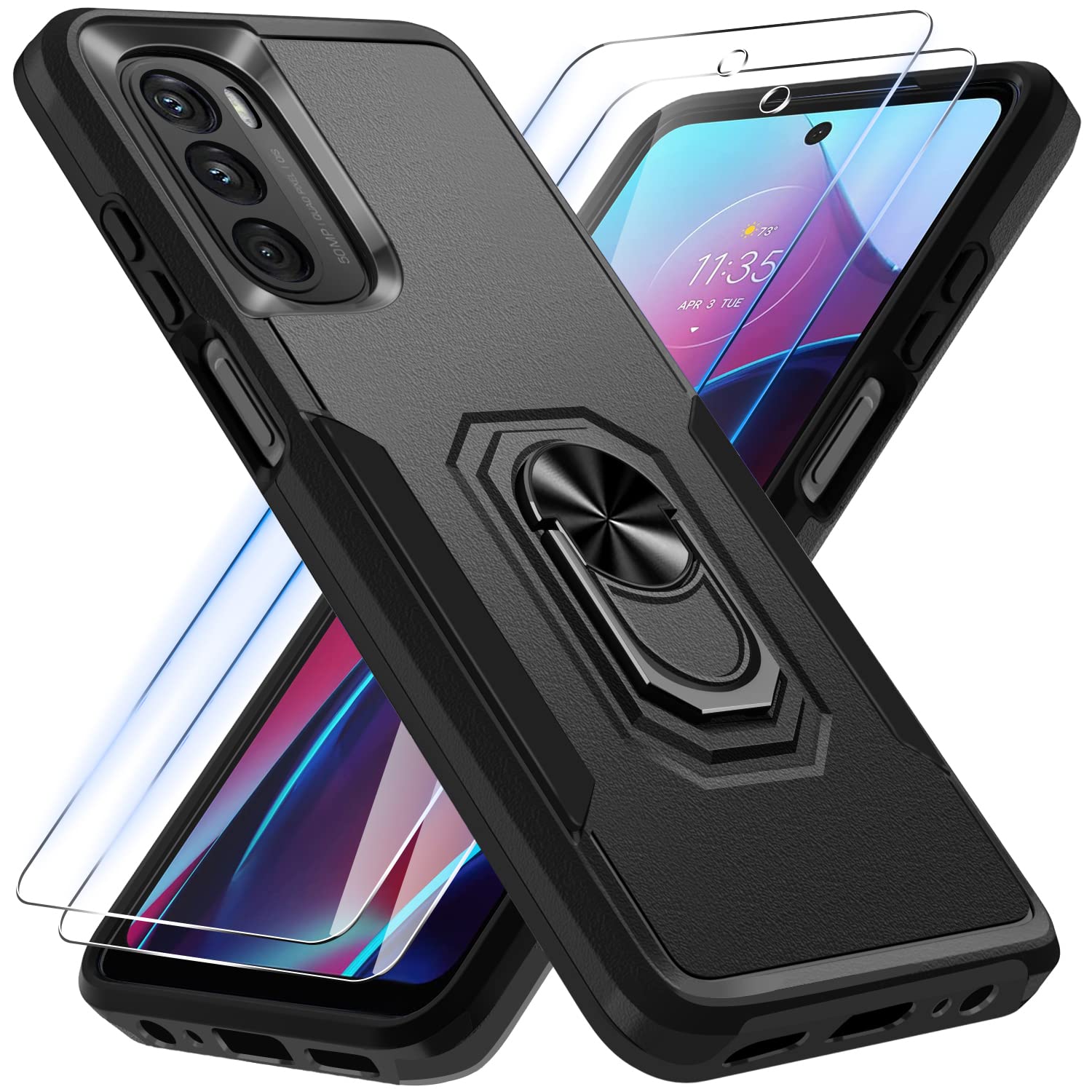 Janmitta Heavy Duty Shockproof Case for Moto G 5G 2022 with Built-in Rotatable Metal Ring Holder & Kickstand | Includes Screen Protector | Black Matte Finish | Perfect for Outdoor Activities, Travel & Daily Protection