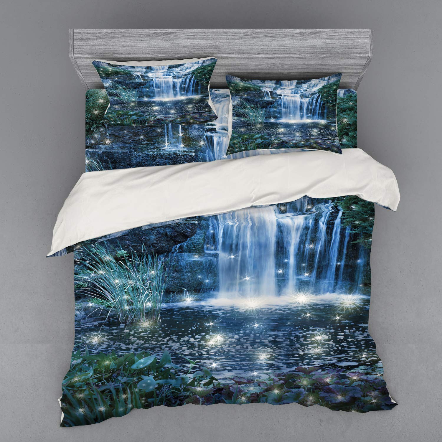 Ambesonne Magic Bedding Set - 4 Piece Duvet Cover Set with Shams & Fitted Sheet, King Size, Grey Green Water Landscape Print | Luxury Bedroom Decor for Modern Homes & Guest Rooms