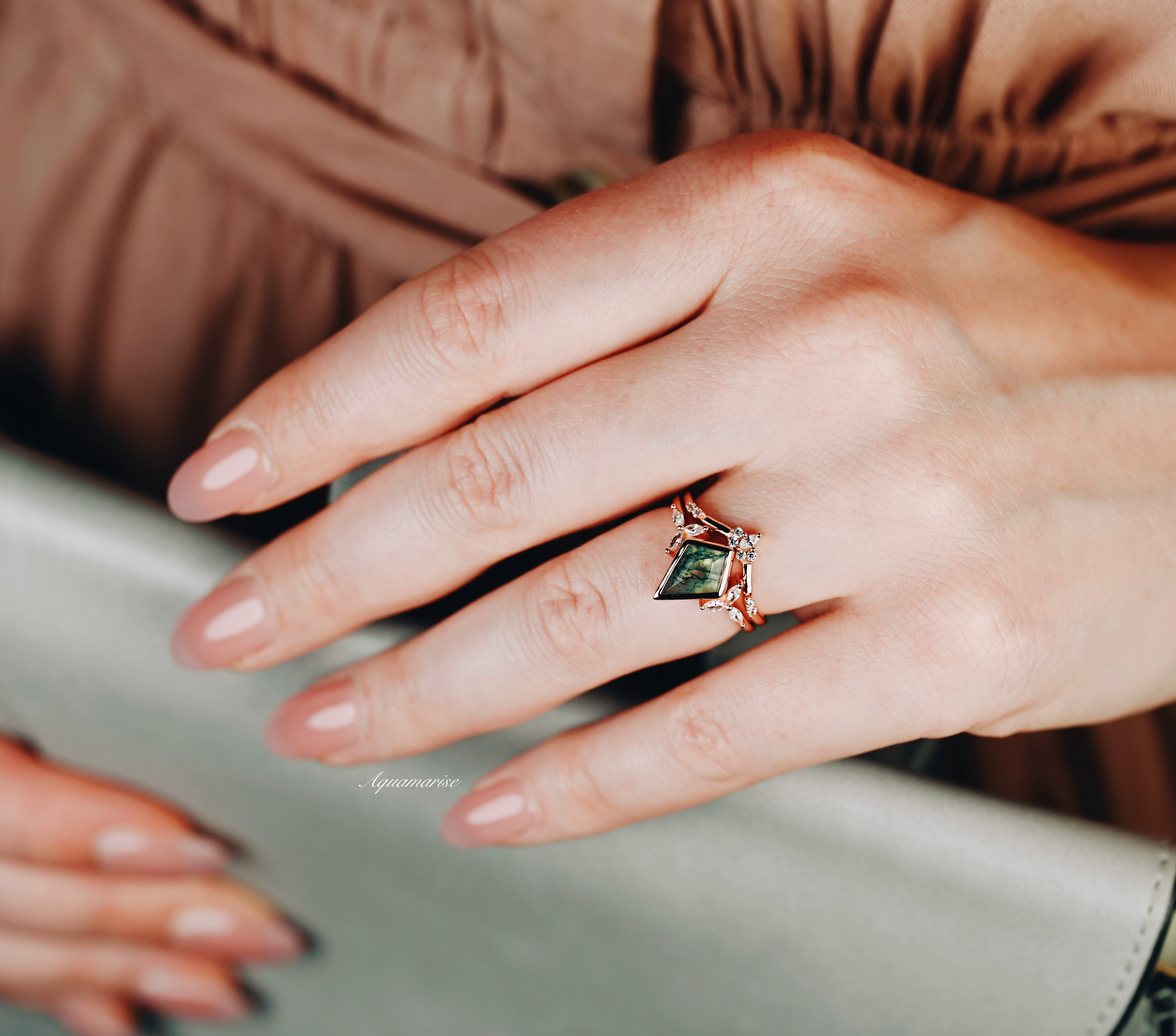14K Rose Gold Vermeil Kite Green Moss Agate Ring Set for Women - Elegant Boho Jewelry Gift for Birthday, Anniversary & Special Occasions