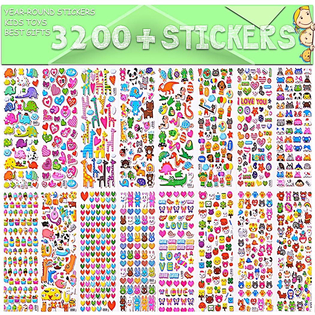 Sinceroduct Kids Stickers - 3200 Puffy Stickers & 100 Pack Animal Face Stickers for DIY Crafts, Scrapbooking, School Projects & Party Favors - Fun Creative Activity for Children
