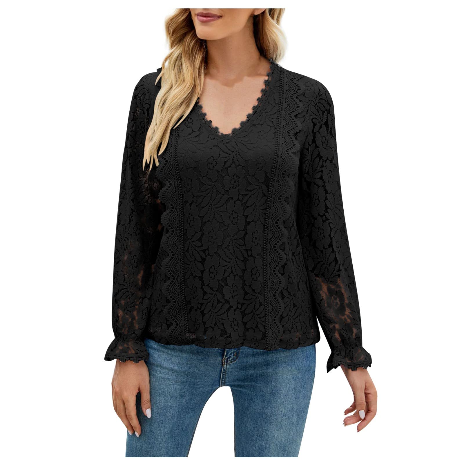 Women's Sexy Lace Cutout V-Neck Long Sleeve Knit Sweater Tank Top - Fashion Solid Color Loose Fit Lace Trim Blouse for Date Night & Evening Outfits