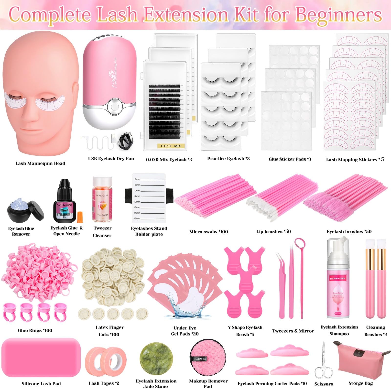 Professional 470PCS Eyelash Extension Kit for Beginners - Includes Lash Glue, Shampoo, Fan & Mannequin Head - Complete Training Supplies for Salon & Home Practice (Perfect for DIY Lash Artists & Beauty Students)