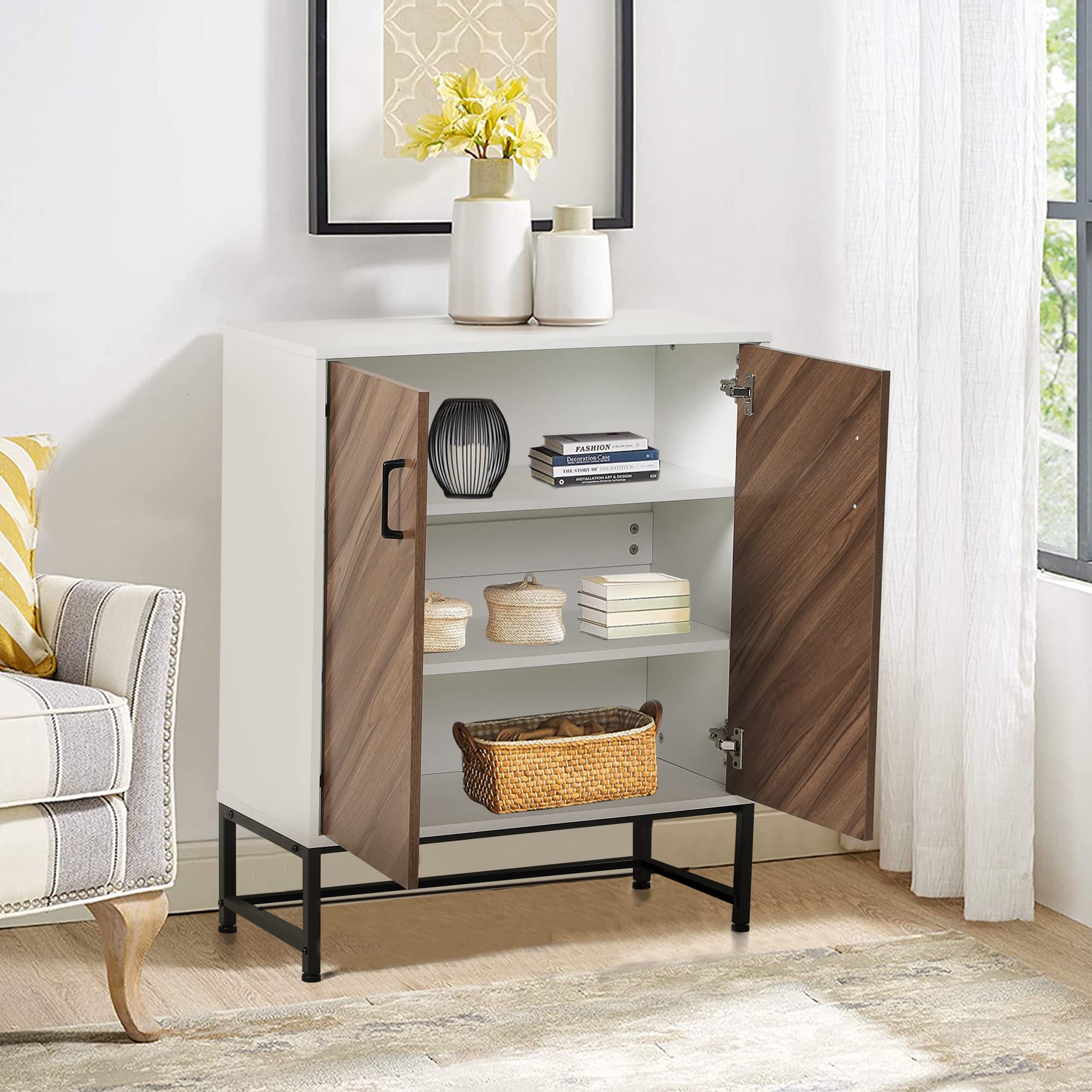 ALPHA HOME Wooden Accent Cabinet with Doors - Farmhouse Style Buffet Storage Cabinet for Kitchen, Dining Room & Living Room - Distressed Finish in Brown/White - 28.9 x 12.5 x 35.2 Inches - Perfect for Organizing Dishes, Linens & Home Decor