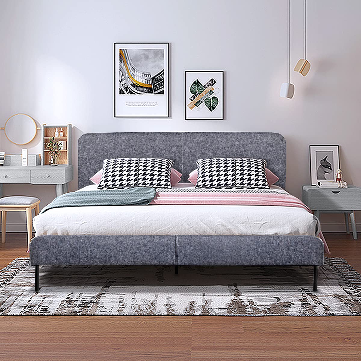 LUSIMO Queen Size Bed Frame with Upholstered Headboard - Wood Slat Support, No Box Spring Needed, Easy Assembly, Noise-Free & Anti-Slip - Grey | Modern Platform Bed for Master Bedroom, Guest Room & Dorm