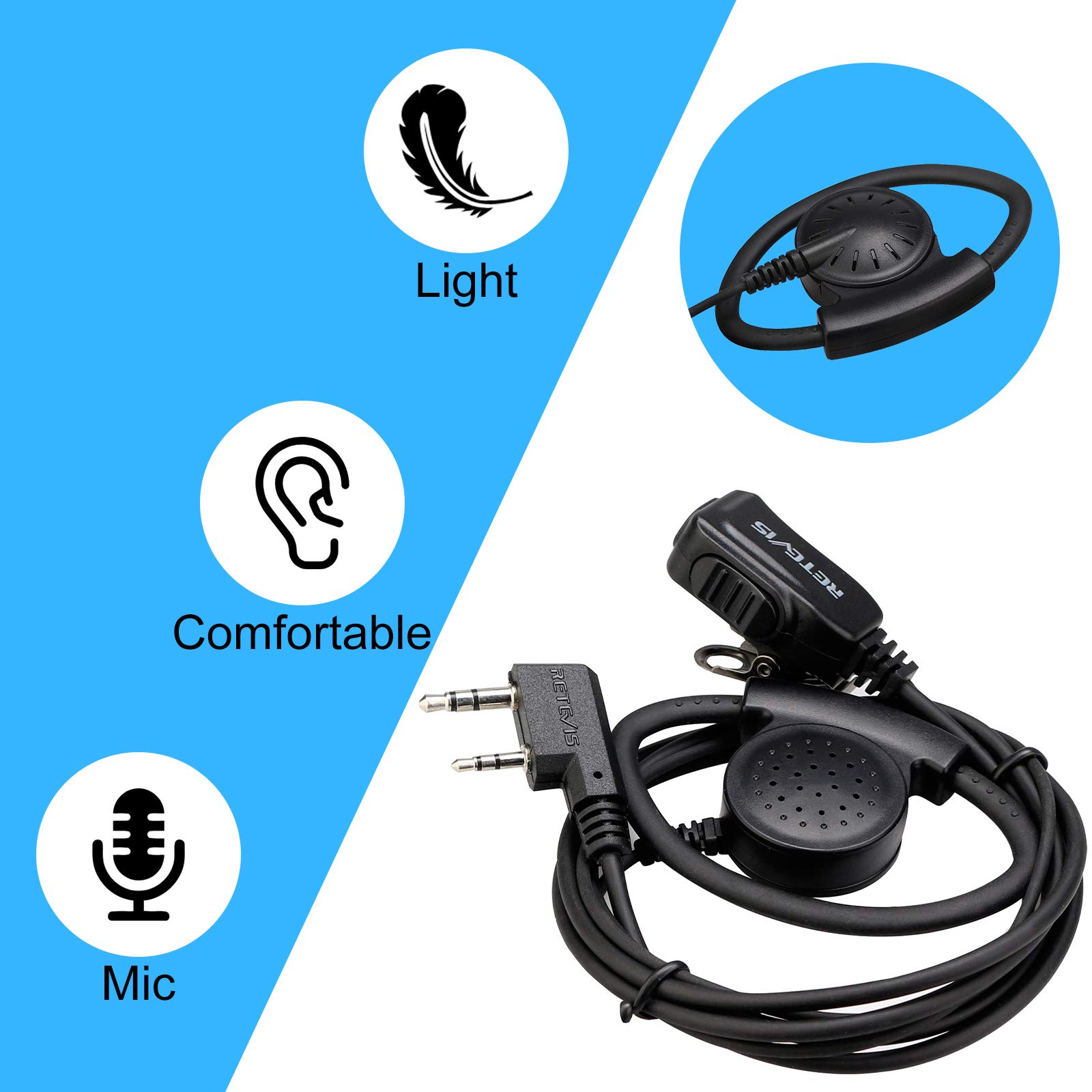 Retevis 6-Pack Two-Way Radio Headset with Microphone - Compatible with RT24, RT27, RT28, RT619, H777, RT22, RT21, Baofeng UV-5RA & 888s Walkie Talkies - Adjustable D-Shaped PTT Headset for Construction, Security, Warehouse & Outdoor Activities