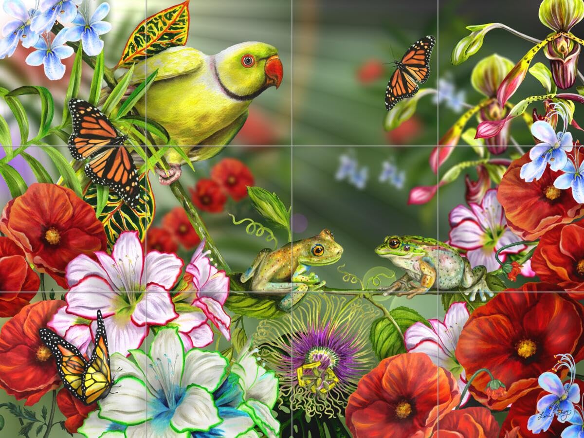 Ceramic Backsplash Tile Mural - Tropical Bird Design with Green Parrot & Frog Friends by Lori Schory - Perfect for Kitchen, Bathroom & Shower Decor
