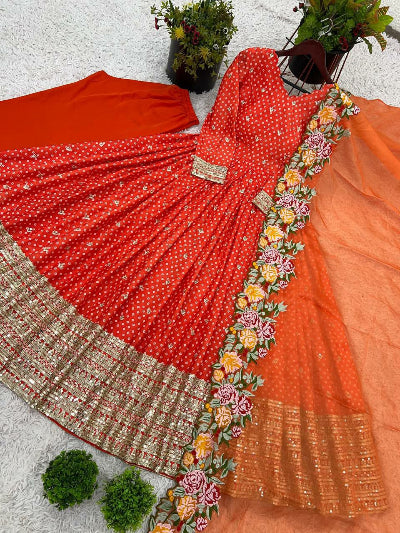 Orange Sequins Work Anarkali Suit With Embroidered Dupatta - Elegant Indian Party Wear for Weddings, Festivals & Special Occasions