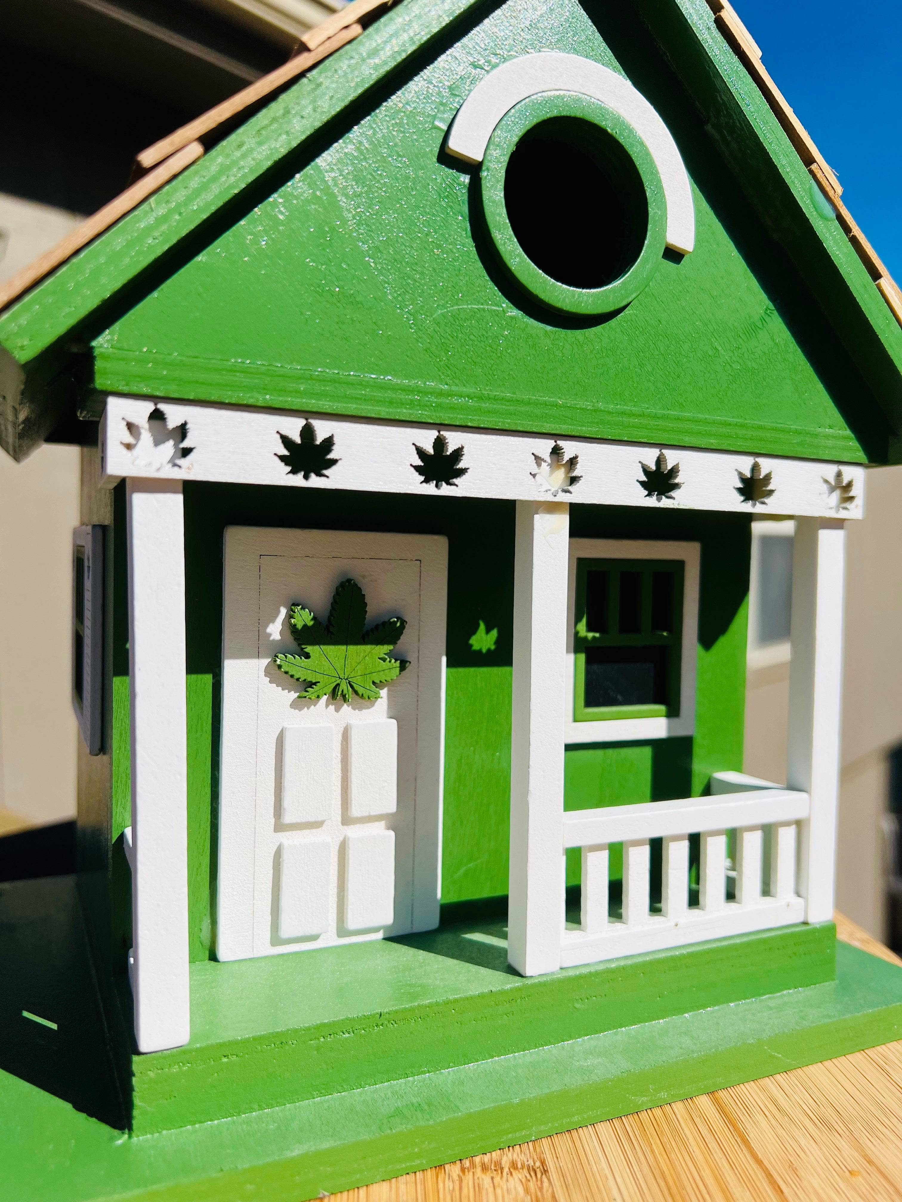 Handmade Cannabis-Themed Wooden Birdhouse for Garden Decor - Perfect for Outdoor Bird Watching & Unique Gift Idea