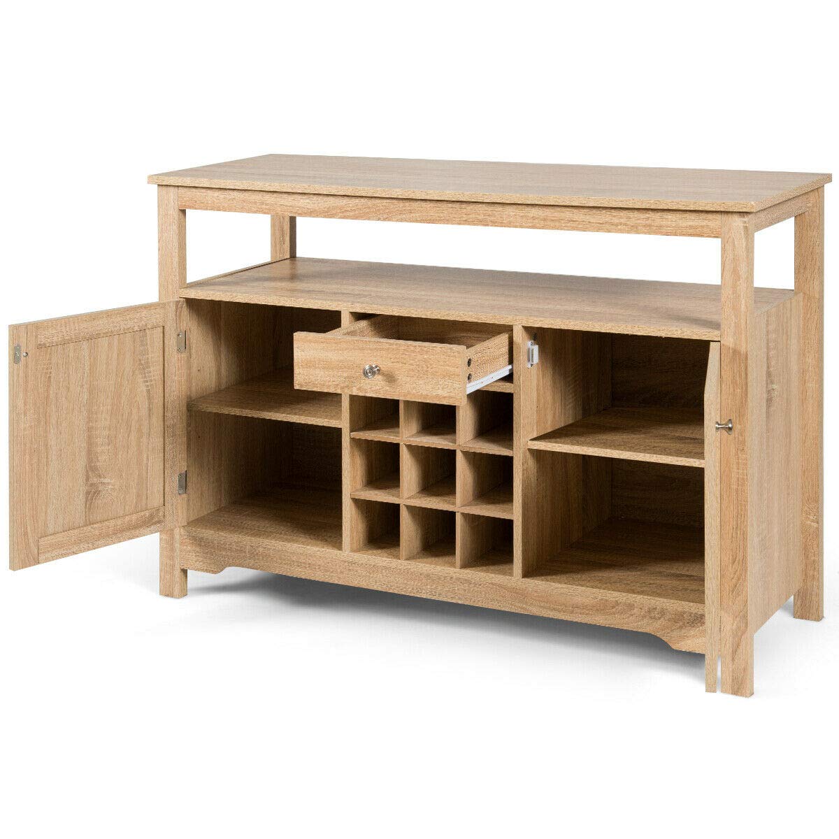 Buffet Server Sideboard Console Table - Kitchen Pantry Dining Storage Organizer with Open Shelves for 9 Wine Bottles, 2 Cabinets & 1 Drawer - Perfect for Dishware, Kitchen Utensils & Home Entertaining