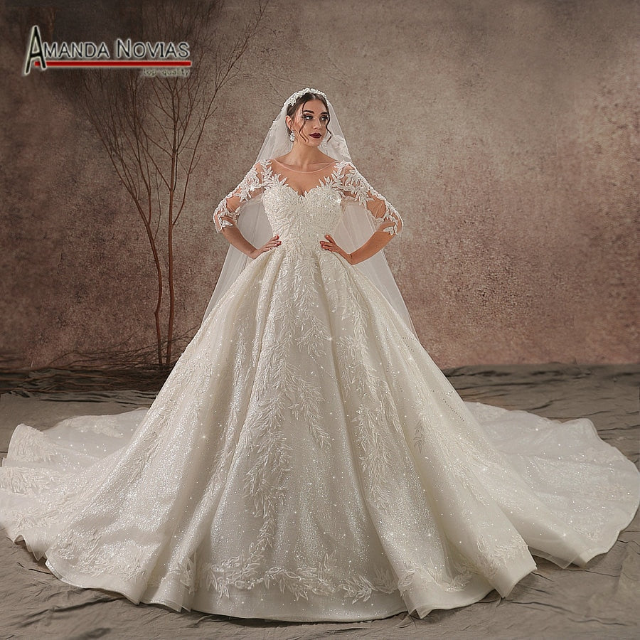 2020 Luxury Shiny Real Photo Wedding Dress with Three Quarter Sleeve Lace Beading – Perfect for Bridal, Formal Events & Photoshoots