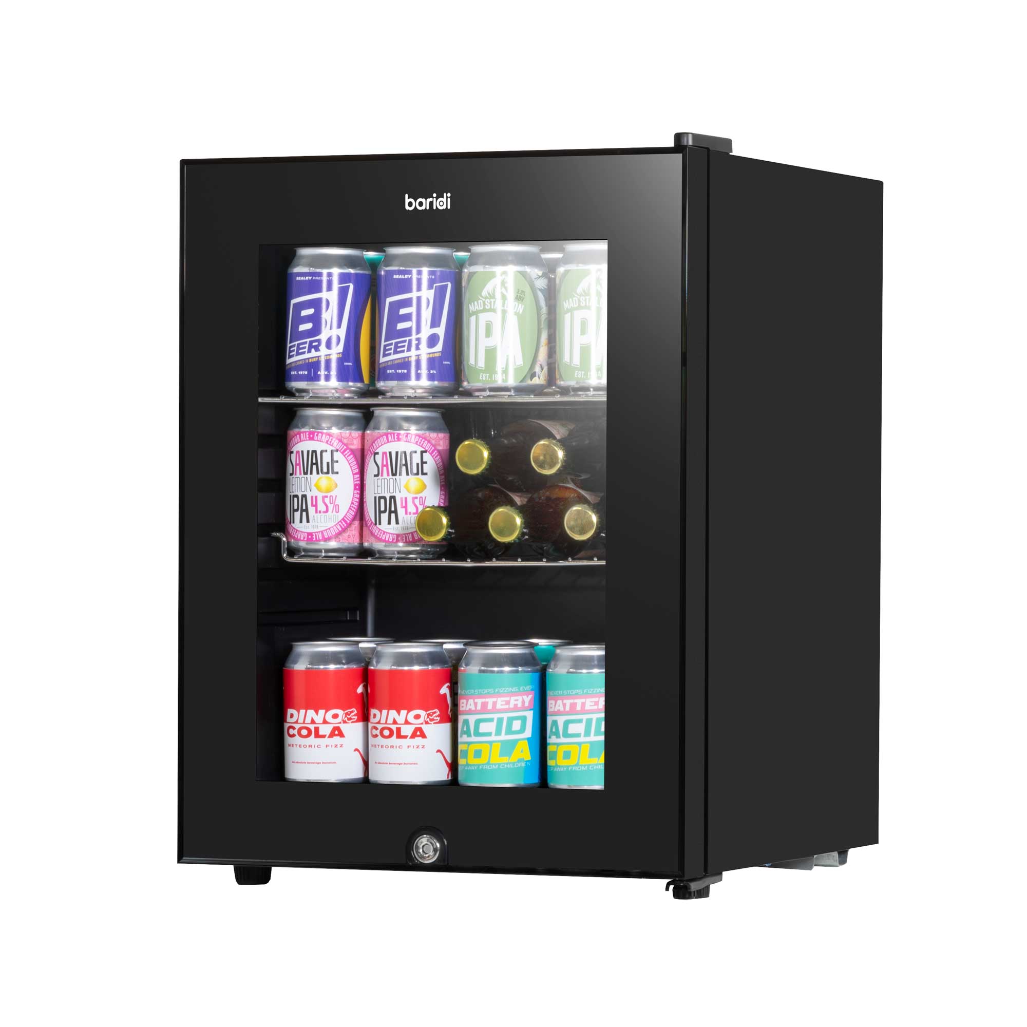 Baridi 40L Mini Fridge with LED Light - Compact Beverage Cooler for Beer, Wine & Soda - Black Glass Door Refrigerator for Home, Office & Dorm - Energy Efficient Cooling (Model DH98)