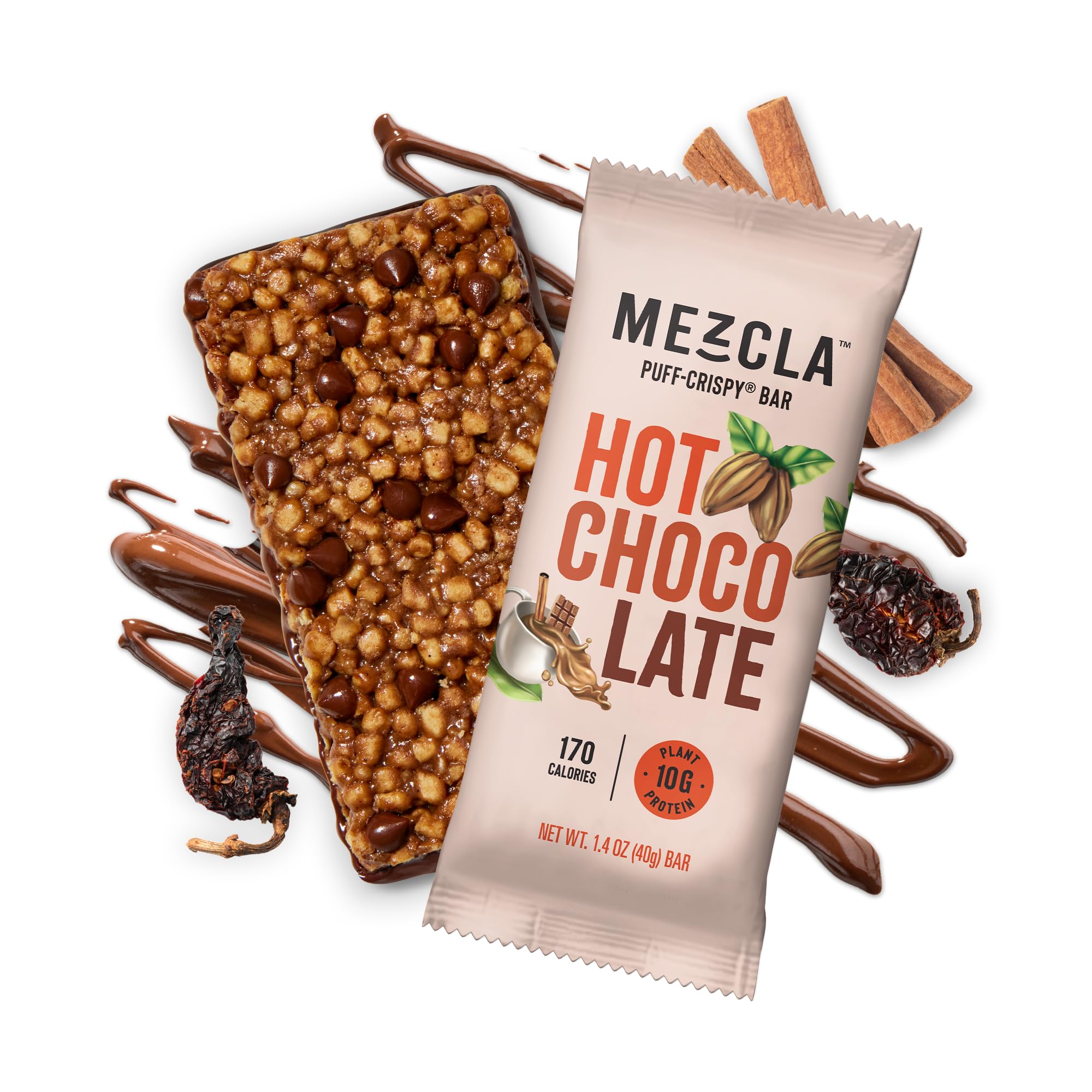 Hot Chocolate Mezcla Puff-Crispy Vegan Protein Bar - Gluten Free Plant-Based Energy Snack for Workouts, Hiking & Healthy On-the-Go Nutrition