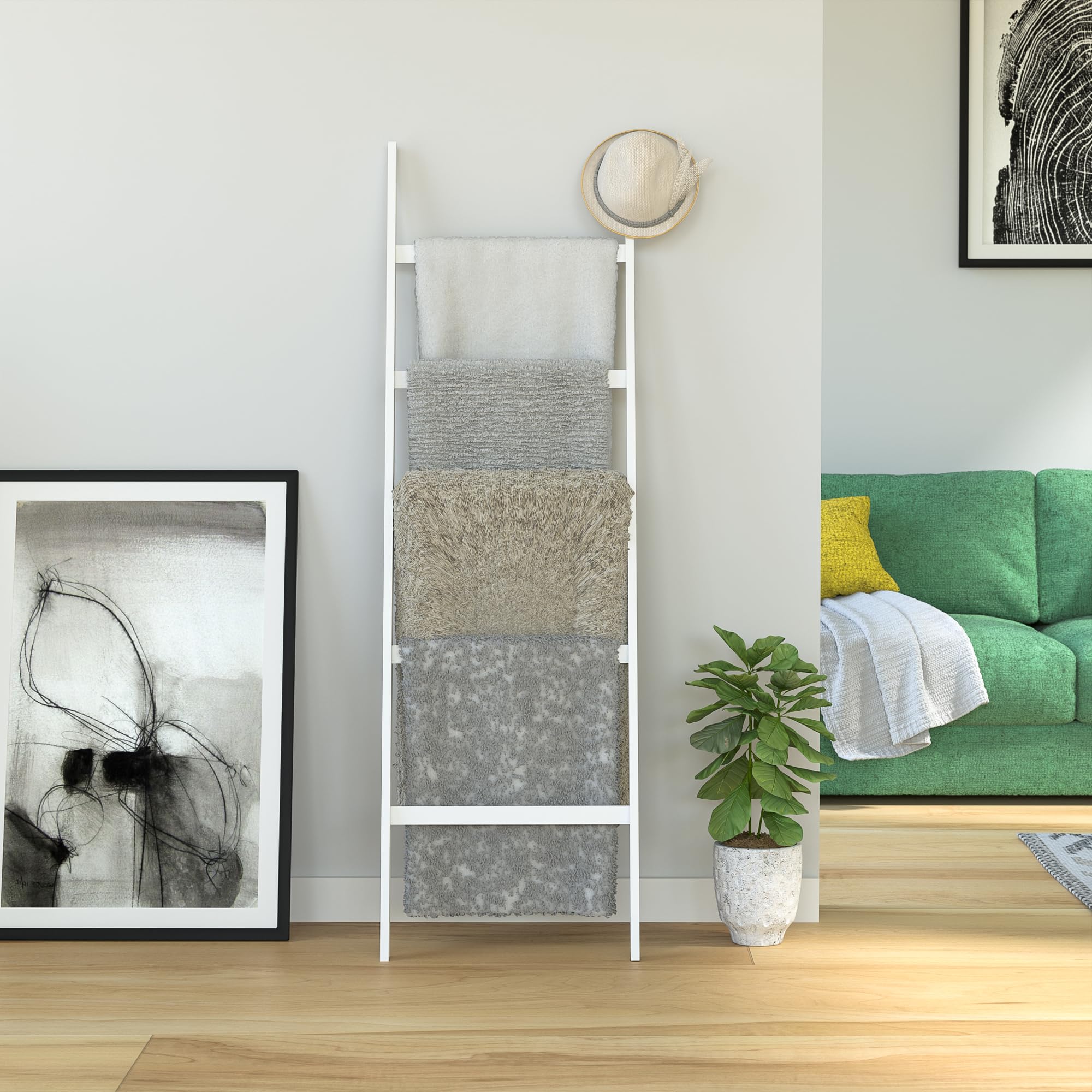 5-Tier Blanket Ladder with Anti-Slip Design - Decorative Towel Rack for Blankets, Quilts & Scarves | Space-Saving Storage Solution for Living Room, Bedroom & Bathroom | Rustic Farmhouse Home Decor (White) - Perfect for Cozy Blanket Displays & Bathroom Towel Organization