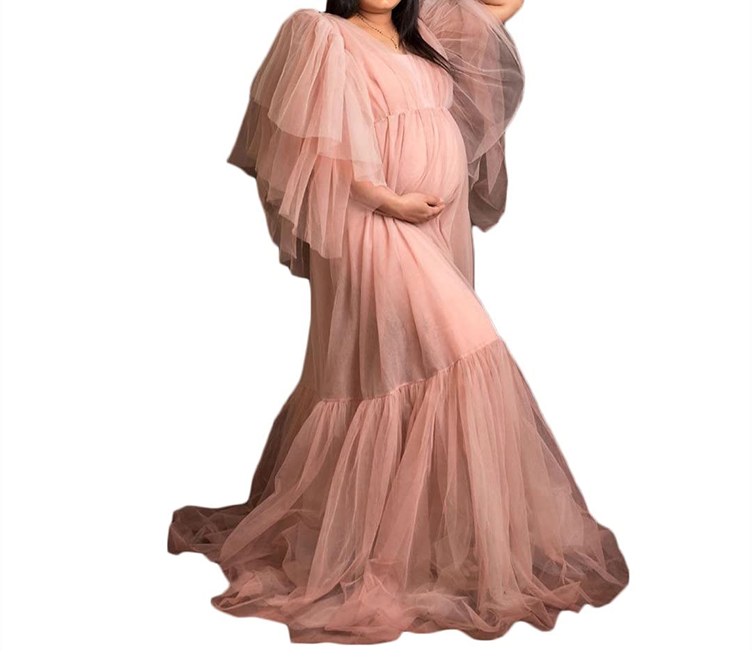 Elegant Maternity Maxi Dress with Puffy Sleeves for Pregnancy Photoshoots & Baby Showers | Flowy Long Gown for Moms-to-Be, Perfect for Maternity Photos, Baby Shower Parties, and Special Occasions