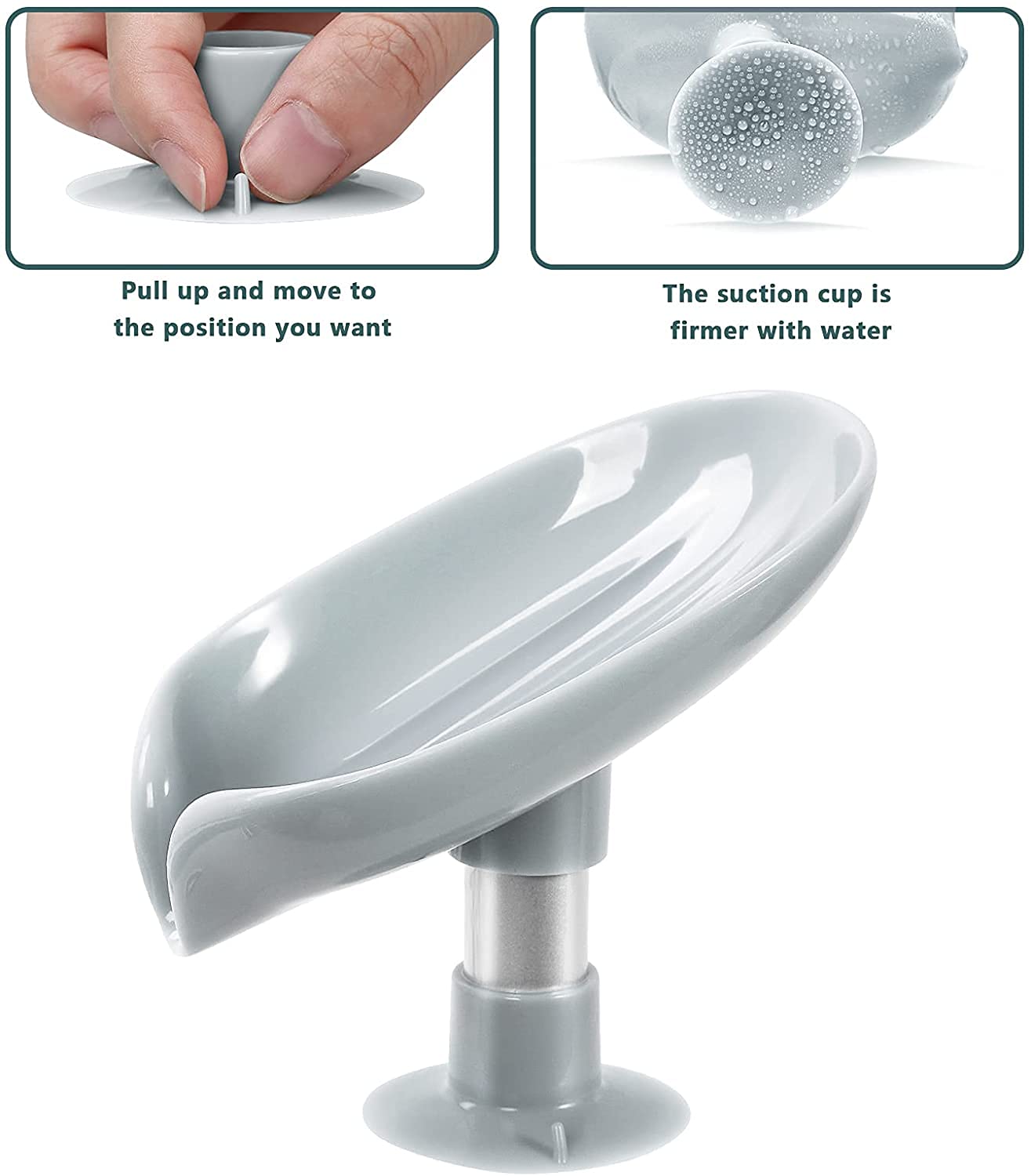 MARMIX Leaf-Shaped Self Draining Soap Dish Holder - 1 Pack, No Holes Easy Clean Bar Soap Saver with Suction Cups for Shower, Bathroom & Kitchen Sink - Perfect for Wet Areas, Travel & Small Spaces (Grey + Green)
