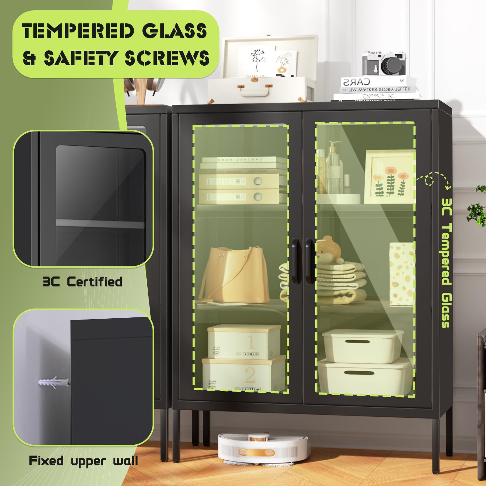 Betterland Black Metal Storage Cabinet with 2 Glass Doors & 2 Shelves - Lockable Curio Display Cabinet for Home, Pantry, Kitchen | Perfect for Showcasing Collectibles, Storing Spices & Organizing Kitchen Supplies