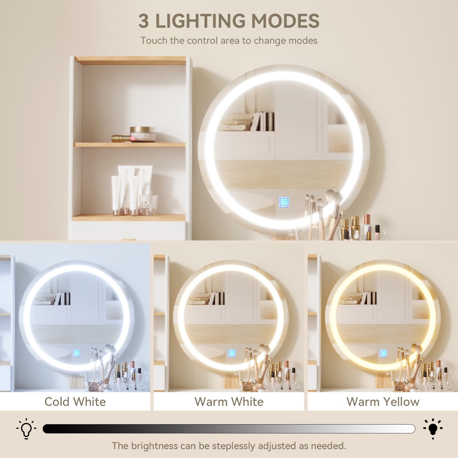 YOURLITE Makeup Vanity Desk with LED Lights - Adjustable Brightness Mirror, Compact Vanity Table with Drawers & Storage Shelves for Small Spaces - Perfect for Bedroom, Dorm & Apartment Beauty Setup
