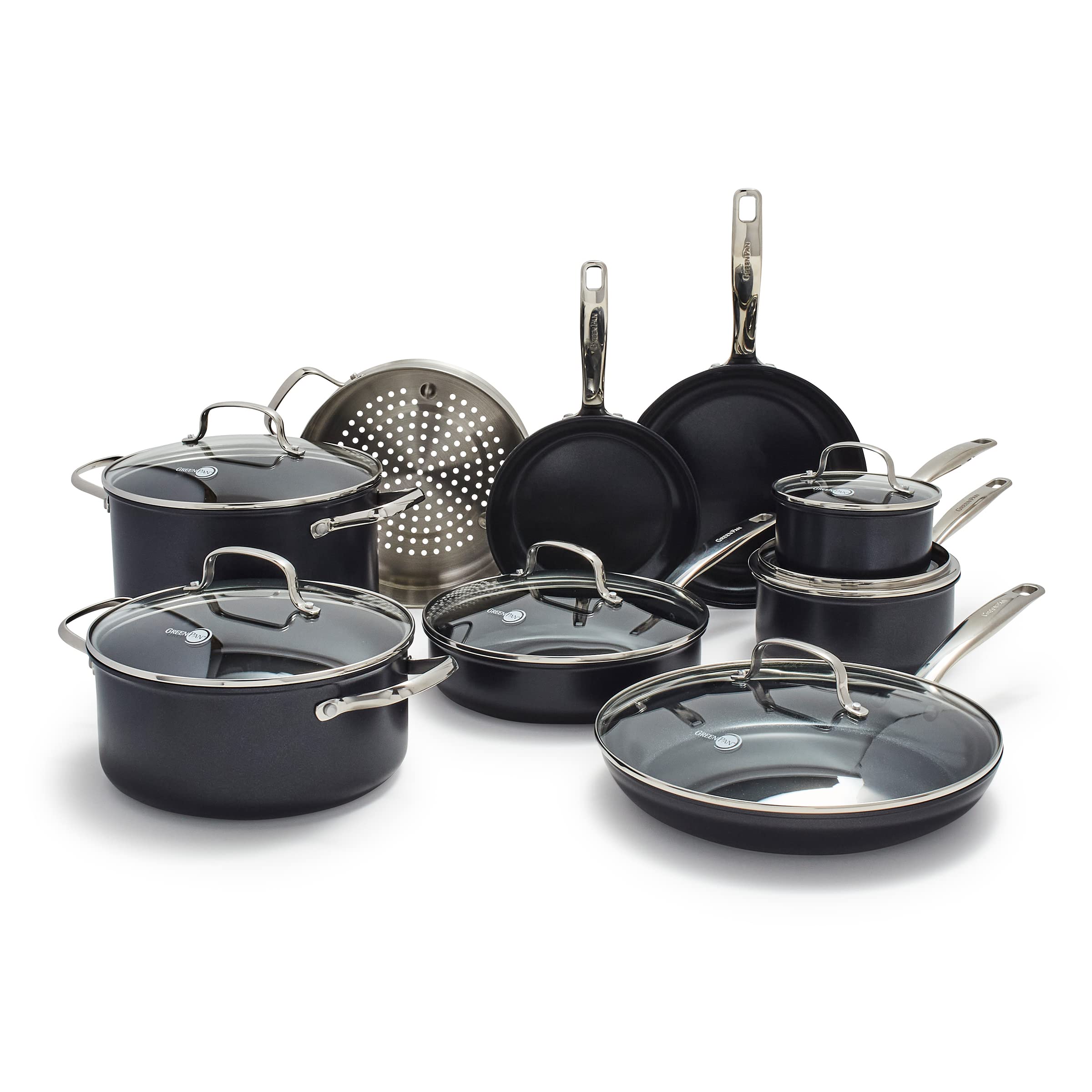 GreenPan Chatham Prime Midnight 15-Piece Nonstick Cookware Set - Hard Anodized Healthy Ceramic PFAS-Free Pots & Pans with Lids, Oven & Dishwasher Safe - Perfect for Sauteing, Steaming, Sauce Making & Family Cooking