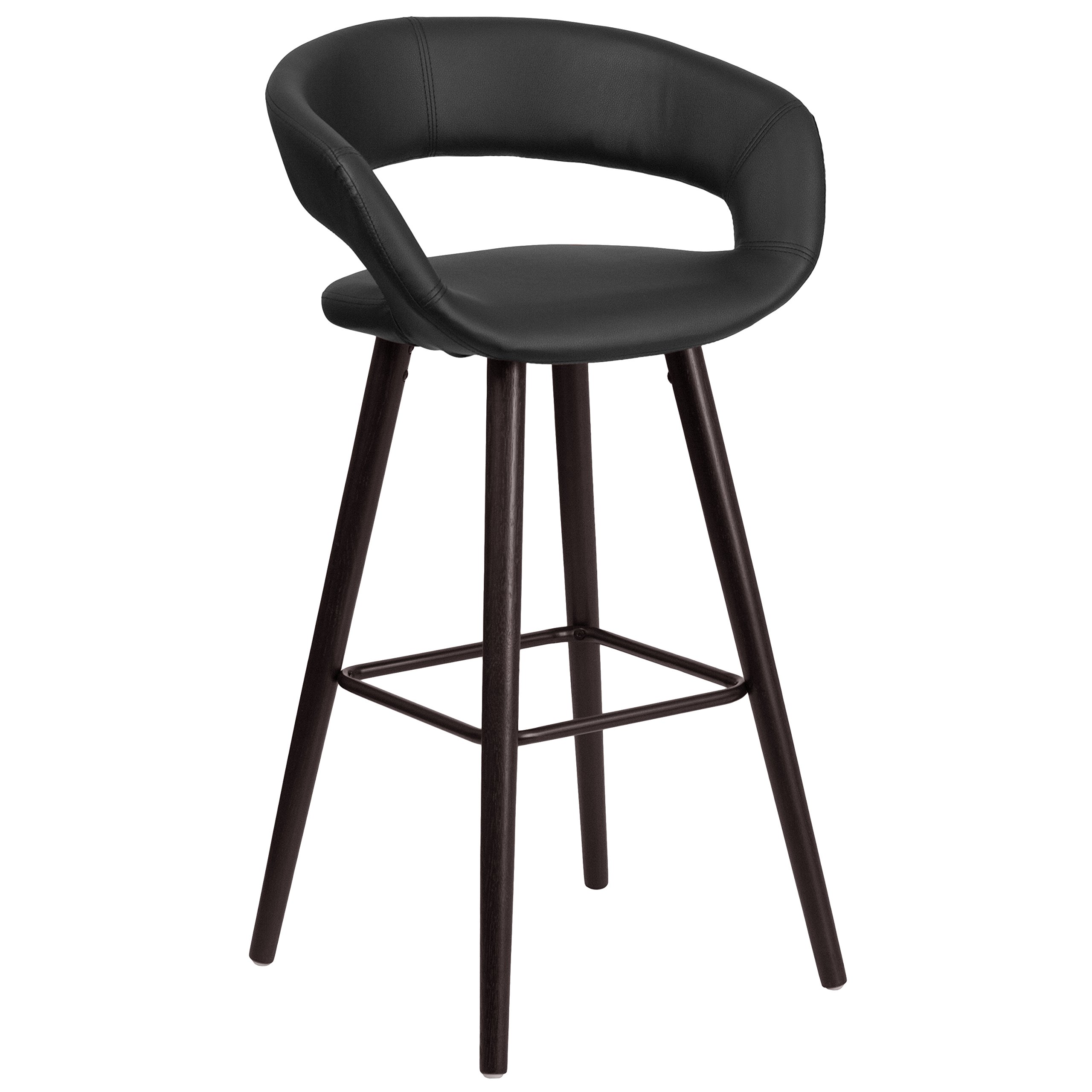 EMMA + OLIVER 29 Inch H Cappuccino Wood Rounded Open Back Bar Stool with Black Vinyl Upholstery - Perfect for Kitchen Islands, Breakfast Bars & Home Decor