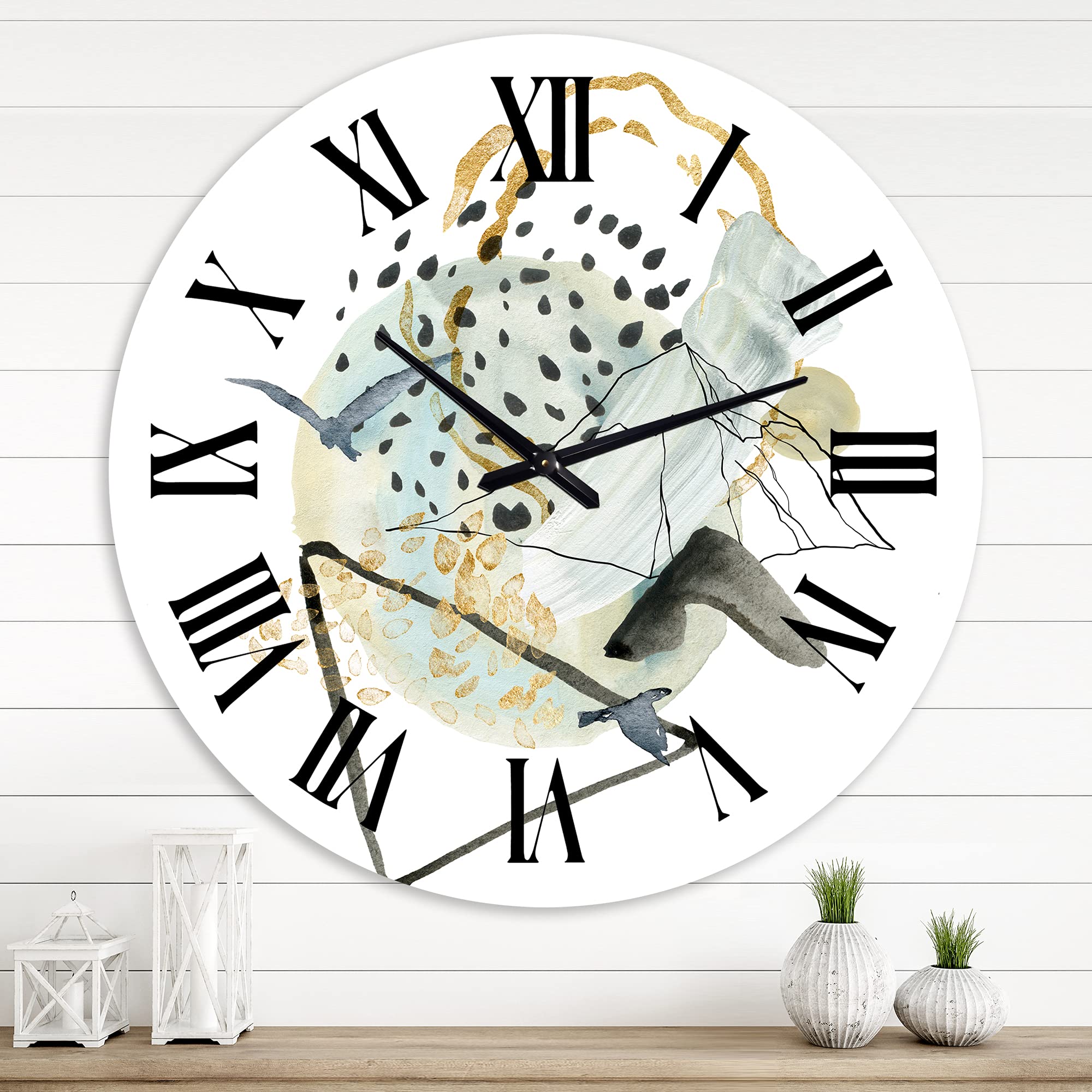 DesignQ Modern Abstract Landscape Wall Clock with Mountain Bird - Large Fractal Art Office Decor for Home & Workspace