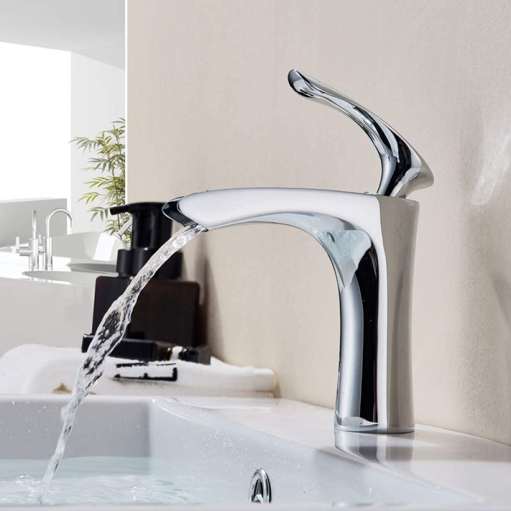 Stainless Steel Kitchen Faucet with Single Handle - Bright Chrome Waterfall Sink Tap, Deck Mounted Brass Mixer for Hot & Cold Water - Perfect for Modern Kitchen & Bathroom Vanity Sinks