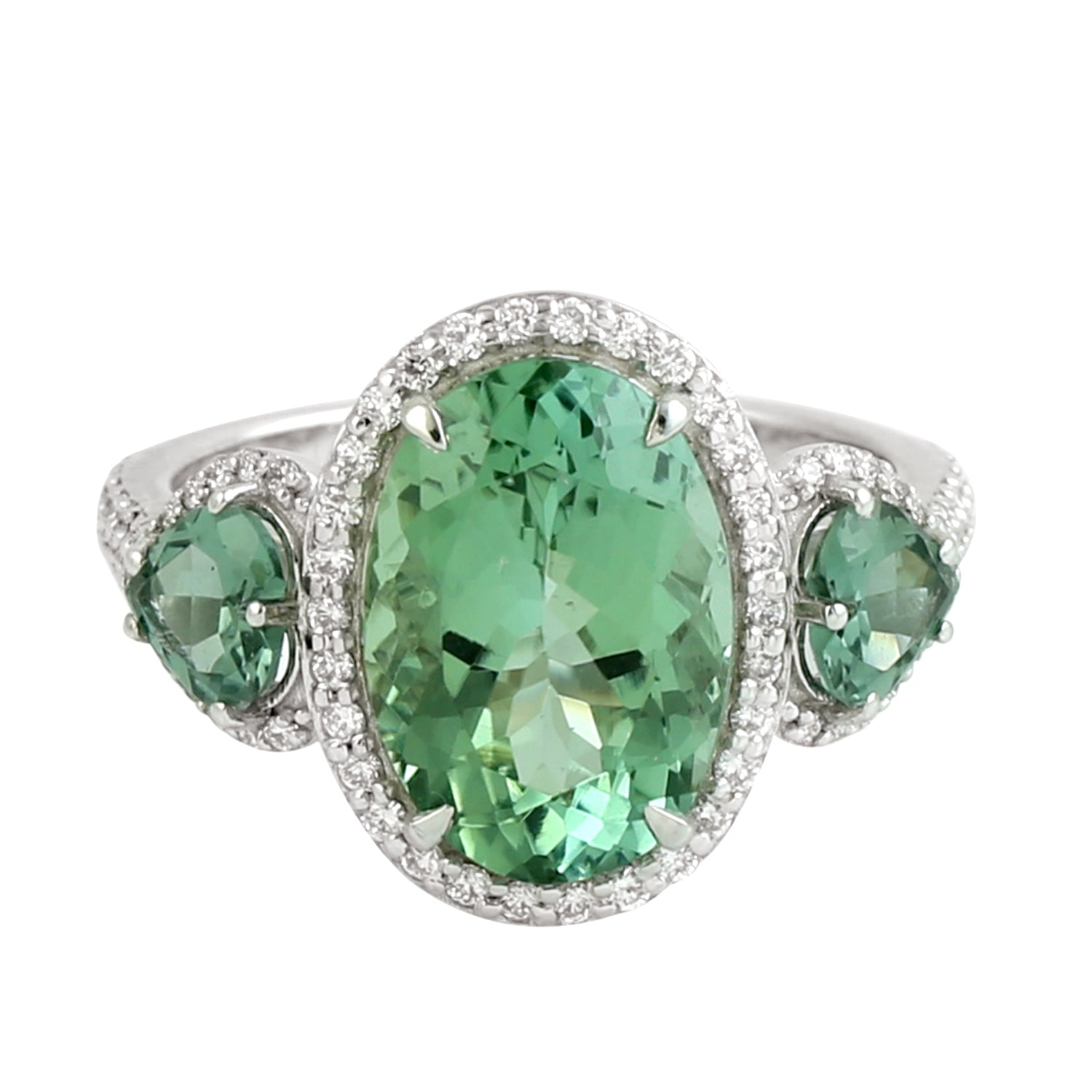 18K White Gold Faceted Green Tourmaline Pave Diamond Three Stone Ring - Perfect for Engagement, Anniversary & Special Occasion Gifts